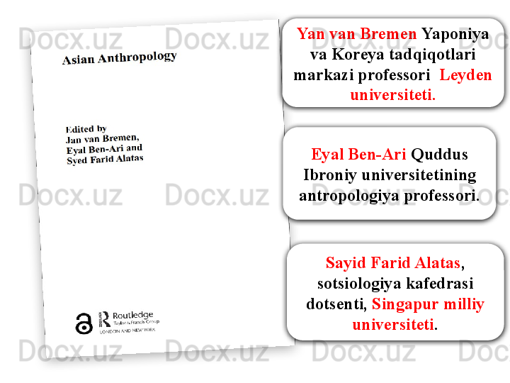 Yan van Bremen  Yaponiya 
va Koreya tadqiqotlari 
markazi professori   Leyden 
universiteti.
Eyal Ben-Ari  Quddus 
Ibroniy universitetining 
antropologiya professori.
Sayid Farid Alatas , 
sotsiologiya kafedrasi 
dotsenti,  Singapur milliy 
universiteti .