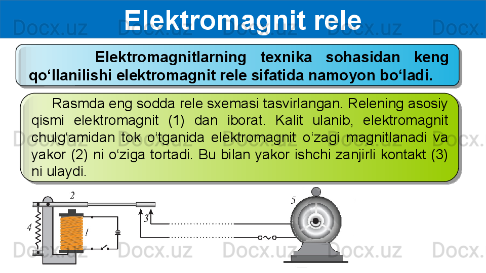 Elektromagnit rele
          Elektromagnitlarning  texnika  sohasidan  keng 
qo‘llanilishi elektromagnit rele sifatida namoyon bo‘ladi. 
      R asmda eng sodda rele sxemasi tasvirlangan. Relening asosiy 
qismi   elektromagnit  (1)  dan  iborat.  Kalit  ulanib,  elektromagnit  
chulg‘amidan   tok  o‘tganida  elektromagnit  o‘zagi  magnitlanadi  va 
yakor  (2)  ni  o‘ziga   tortadi.  Bu  bilan  yakor  ishchi  zanjirli  kontakt  (3) 
ni ulaydi.   