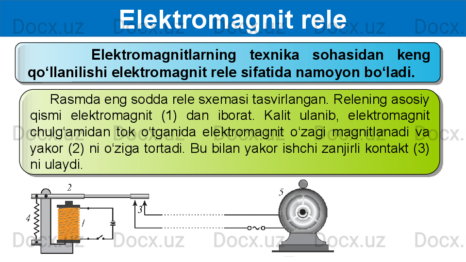 Elektromagnit rele
          Elektromagnitlarning  texnika  sohasidan  keng 
qo‘llanilishi elektromagnit rele sifatida namoyon bo‘ladi. 
      R asmda eng sodda rele sxemasi tasvirlangan. Relening asosiy 
qismi   elektromagnit  (1)  dan  iborat.  Kalit  ulanib,  elektromagnit  
chulg‘amidan   tok  o‘tganida  elektromagnit  o‘zagi  magnitlanadi  va 
yakor  (2)  ni  o‘ziga   tortadi.  Bu  bilan  yakor  ishchi  zanjirli  kontakt  (3) 
ni ulaydi.