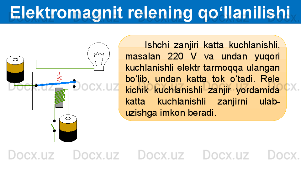 Elektromagnit relening qo‘llanilishi
        Ishchi  zanjiri  katta  kuchlanishli, 
masalan  220  V  va  undan  yuqori 
kuchlanishli  elektr  tarmoqqa  ulangan 
bo‘lib,  undan  katta  tok  o‘tadi.  Rele 
kichik  kuchlanishli  zanjir  yordamida 
katta  kuchlanishli  zanjirni  ulab-
uzishga imkon beradi.