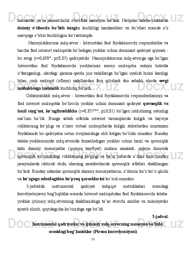 hurmatda,   ya’ni   jamoatchilik   e’tirofida   namoyon   bo’ladi.   Natijalar   talaba-yoshlarda
doimiy   e’tiborda   bo’lish   istagi ni   kuchliligi   hamkasblari   va   do’stlari   orasida   o’z
mavqega e’tibor kuchliligini ko’rsatmoqda. 
Namoyishkorona xulq-atvor  - Internetdan faol  foydalanuvchi respondentlar va
barcha faol internet muloqotda bo’ladigan yoshlar uchun dominant qadriyat qiymati -
bu sevgi (r=0,698*; p≤0,05) qadriyatidir. Namoyishkorona xulq-atvorga ega bo’lgan
Internetdan   faol   foydalanuvchi   yoshlarimiz   asosiy   muloqotni   onlayn   holatda
o’tkazganligi,   ulardagi   qarama-qarshi   jins   vakillariga   bo’lgan   uyalish   hisini   kamligi
bilan,   jonli   muloqot   (oflayn)   vakillaridan   farq   qilishadi   shu   sababli   ularda   sevgi
muhabbatga tashnalik  kuchliroq bo’ladi. 
Oshkoraliklik xulq-atvor   -  Internetdan  faol  foydalanuvchi   respondentlarimiz  va
faol   internet   muloqotda   bo’luvchi   yoshlar   uchun   dominant   qadriyat   quvnoqlik   va
hazil   tuyg’usi,   ko’ngilxushlikka   (r=0,857**;   p≤0,01)   bo’lgan   intilishning   ustunligi
ma’lum   bo’ldi.   Bunga   sabab   sifatida   internet   tarmoqlarida   kulgili   va   hajviya
roliklarning   ko’pligi   va   o’zaro   virtual   muloqotlarda   kulgili   stikerlardan   muntazam
foydalanish  bu qadriyatni ustun rivojlanishiga  olib kelgan bo’lishi  mumkin. Bunday
talaba-yoshlarimizda   xulq-atvorida   kuzatiladigan   yoshlar   uchun   hazil   va   quvnoqlik
kabi   shaxsiy   xususiyatlar   (quvnoq   kayfiyat)   muhim   sanaladi;   onlayn   dunyoda
quvnoqlik   ko’rinishdagi   roliklarning   ko’pligi   va   ba’zi   hollarda   o’zlari   ham   bunday
jarayonlarda   ishtirok   etishi   ularning   xarakterlarida   quvnoqlik   sifatlari   shakllangan
bo’ladi. Bunday odamlar quvnoqlik shaxsiy xususiyatlarini, o’zlarini ko’z-ko’z qilishi
va  ko’zguga odatdagidan ko’proq qarashlarini  ko’rish mumkin. 
3-jadvalda   instrumental   qadriyat   tadqiqot   metodikalari   orasidagi
korrelyatsiyaviy bog’liqliklar asosida Internet muloqotidan faol foydalanuvchi talaba-
yoshlar   ijtimoiy   xulq-atvorning   shakllanishiga   ta’sir   etuvchi   omillar   va   xususiyatlar
ajratib olinib, quyidagicha ko’rinishga ega bo’ldi: 
3-jadval. 
Instrumental qadriyatlar va ijtimoiy xulq-atvorning namoyon bo’lishi 
orasidagi bog’lanishlar (Pirson korrelyatsiyasi) 
15  
 
   