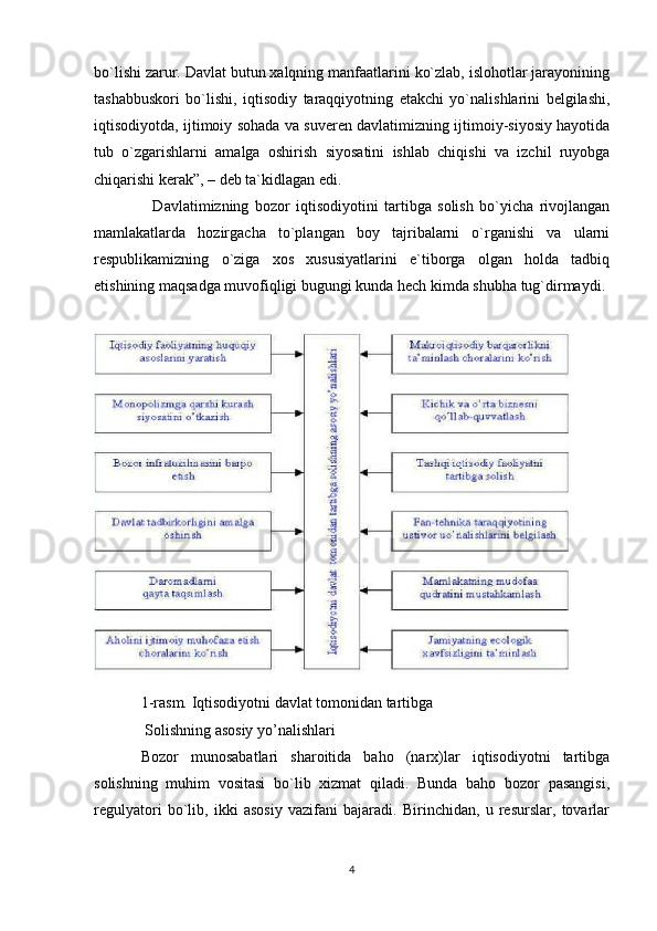 bo`lishi zarur. Davlat butun xalqning manfaatlarini ko`zlab, islohotlar jarayonining
tashabbuskori   bo`lishi,   iqtisodiy   taraqqiyotning   etakchi   yo`nalishlarini   belgilashi,
iqtisodiyotda, ijtimoiy sohada va suveren davlatimizning ijtimoiy-siyosiy hayotida
tub   o`zgarishlarni   amalga   oshirish   siyosatini   ishlab   chiqishi   va   izchil   ruyobga
chiqarishi kerak”, – deb ta`kidlagan edi.
    Davlatimizning   bozor   iqtisodiyotini   tartibga   solish   bo`yicha   rivojlangan
mamlakatlarda   hozirgacha   to`plangan   boy   tajribalarni   o`rganishi   va   ularni
respublikamizning   o`ziga   xos   xususiyatlarini   e`tiborga   olgan   holda   tadbiq
etishining maqsadga muvofiqligi bugungi kunda hech kimda shubha tug`dirmaydi. 
1-rasm. Iqtisodiyotni davlat tomonidan tartibga
 Solishning asosiy yo’nalishlari
Bozor   munosabatlari   sharoitida   baho   (narx)lar   iqtisodiyotni   tartibga
solishning   muhim   vositasi   bo`lib   xizmat   qiladi.   Bunda   baho   bozor   pasangisi,
regulyatori   bo`lib,   ikki   asosiy   vazifani   bajaradi.   Birinchidan,   u   resurslar,   tovarlar
4 