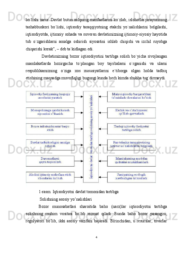 bo`lishi zarur. Davlat butun xalqning manfaatlarini ko`zlab, islohotlar jarayonining
tashabbuskori   bo`lishi,   iqtisodiy   taraqqiyotning   etakchi   yo`nalishlarini   belgilashi,
iqtisodiyotda, ijtimoiy sohada va suveren davlatimizning ijtimoiy-siyosiy hayotida
tub   o`zgarishlarni   amalga   oshirish   siyosatini   ishlab   chiqishi   va   izchil   ruyobga
chiqarishi kerak”, – deb ta`kidlagan edi.
    Davlatimizning   bozor   iqtisodiyotini   tartibga   solish   bo`yicha   rivojlangan
mamlakatlarda   hozirgacha   to`plangan   boy   tajribalarni   o`rganishi   va   ularni
respublikamizning   o`ziga   xos   xususiyatlarini   e`tiborga   olgan   holda   tadbiq
etishining maqsadga muvofiqligi bugungi kunda hech kimda shubha tug`dirmaydi. 
1-rasm. Iqtisodiyotni davlat tomonidan tartibga
 Solishning asosiy yo’nalishlari
Bozor   munosabatlari   sharoitida   baho   (narx)lar   iqtisodiyotni   tartibga
solishning   muhim   vositasi   bo`lib   xizmat   qiladi.   Bunda   baho   bozor   pasangisi,
regulyatori   bo`lib,   ikki   asosiy   vazifani   bajaradi.   Birinchidan,   u   resurslar,   tovarlar
4