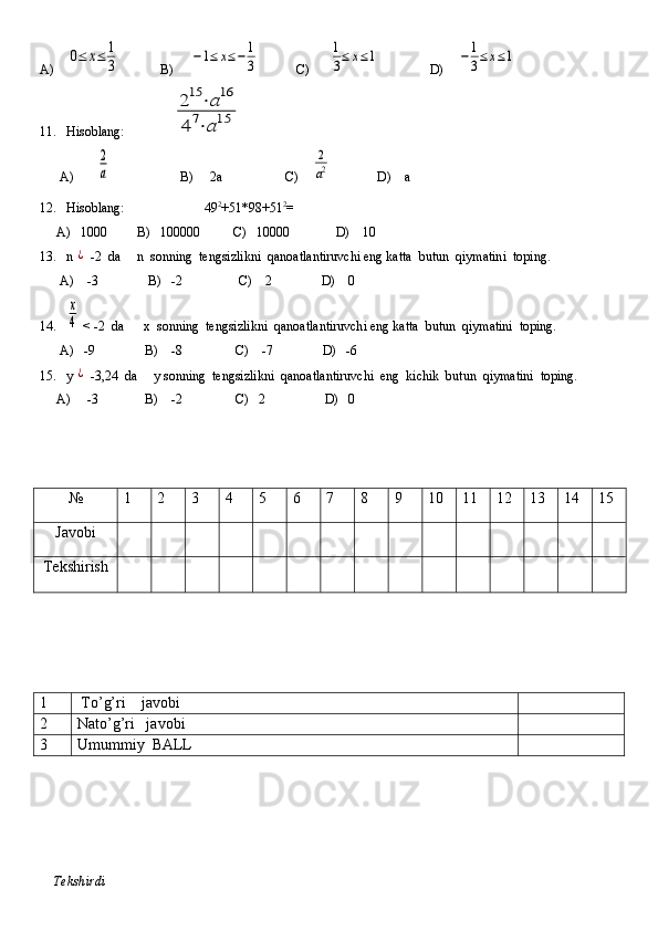 A)    0≤	х≤	1
3             B)     	−1≤	х≤−	1
3            C)      	
1
3≤	х≤1                D)    	−1
3≤	х≤1
11.   Hisoblang:              	
215	⋅a16	
4	7⋅a15   
      A)       	
2
a                      B)     2a                   C)    	
2
a2               D)    a
12.   Hisoblang:                        49 2
+51*98+51 2
=
     A)   1000         B)   100000          C)   10000              D)    10
13.   n 	
¿  -2  da     n  sonning  tengsizlikni  qanoatlantiruvchi eng katta  butun  qiymatini  toping.     
      A)    -3               B)   -2                 C)    2               D)    0
14.   
х
4  < -2  da      x  sonning  tengsizlikni  qanoatlantiruvchi eng katta  butun  qiymatini  toping.    
      A)   -9               B)    -8                C)    -7               D)   -6
15.   y 
¿  -3,24  da     y sonning  tengsizlikni  qanoatlantiruvchi  eng  kichik  butun  qiymatini  toping.  
     A)     -3              B)    -2                C)   2                  D)   0
№ 1 2 3 4 5 6 7 8 9 10 11 12 13 14 15
Javobi
Tekshirish
1  To’g’ri    javobi
2 Nato’g’ri   javobi
3 Umummiy  BALL
    Tekshirdi                                                                                                                         