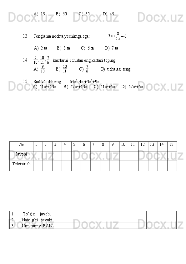 A)  15          B)  60           C)  30            D)  45
13. Tenglama nechta yechimga ega:                  3 x + 8
5 x =-1
A)  2 ta         B)  3 ta          C)  6 ta          D)  7 ta
14. 9
10 ; 10
11 ; 7
6    kasrlarni  ichidan eng kattasi toping.
A)  9
10           B)   10
11            C)   7
6            D)  uchalasi teng
15. Soddalashtiring:       64x 2
-4x +3x 2
+9x
A)  61x 2
+13x       B)  67x 2
+13x      C)  61x 2
+5x      D)  67x 2
+5x
№ 1 2 3 4 5 6 7 8 9 10 11 12 13 14 15
Javobi
Tekshirish
1  To’g’ri    javobi
2 Nato’g’ri   javobi
3 Umummiy  BALL
