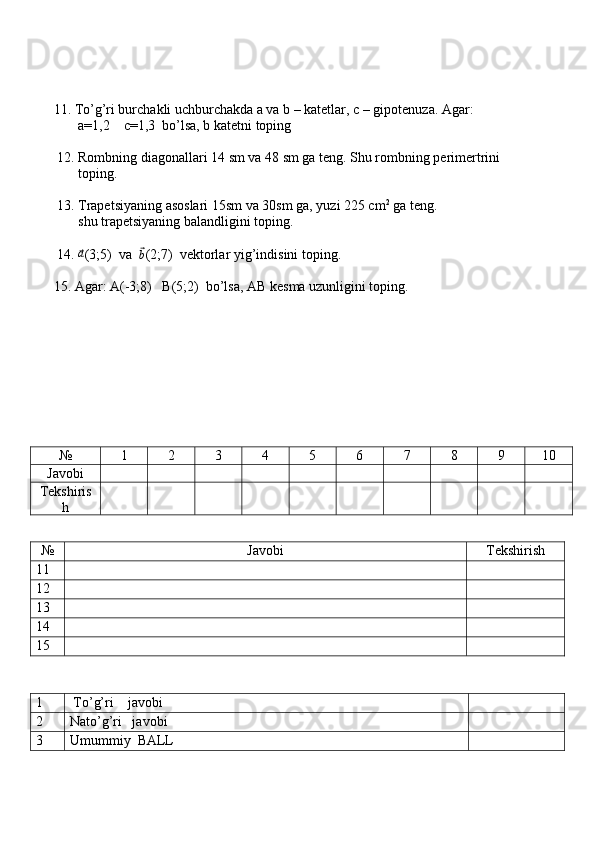      
     
     11. To’g’ri burchakli uchburchakda a va b – katetlar, c – gipotenuza. Agar:
            a=1,2    c=1,3  bo’lsa, b katetni toping
      12. Rombning diagonallari 14 sm va 48 sm ga teng. Shu rombning perimertrini
            toping. 
       
      13. Trapetsiyaning asoslari 15sm va 30sm ga, yuzi 225 cm 2
 ga teng. 
            shu trapetsiyaning balandligini toping.
      14. ⃗a (3;5)  va  	⃗b (2;7)  vektorlar yig’indisini toping.
     15. Agar: A(-3;8)   B(5;2)  bo’lsa, AB kesma uzunligini toping.
№ 1 2 3 4 5 6 7 8 9 10
Javobi
Tekshiris
h
№ Javobi Tekshirish
11
12
13
14
15
1  To’g’ri    javobi
2 Nato’g’ri   javobi
3 Umummiy  BALL 