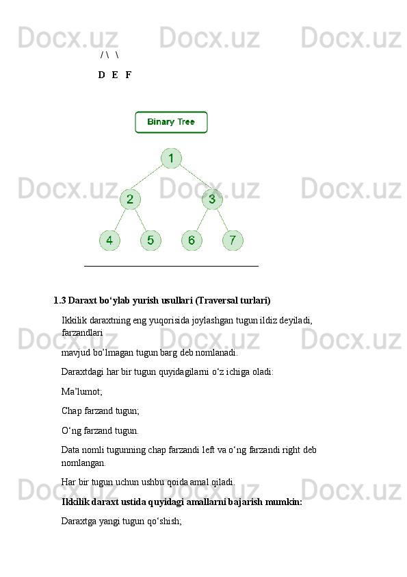       /  \   \
      D     E     F
              
1.3   Daraxt bo‘ylab yurish usullari (Traversal turlari )
Ikkilik daraxtning eng yuqorisida joylashgan tugun ildiz deyiladi, 
farzandlari 
mavjud bo’lmagan tugun barg deb nomlanadi. 
Daraxtdagi har bir tugun quyidagilarni o‘z ichiga oladi: 
Ma’lumot; 
Chap farzand tugun; 

O‘ng farzand tugun.

Data nomli tugunning chap farzandi left va o‘ng farzandi right deb 
nomlangan. 
Har bir tugun uchun ushbu qoida amal qiladi. 
Ikkilik daraxt ustida quyidagi amallarni bajarish mumkin: 
Daraxtga yangi tugun qo‘shish; 
 