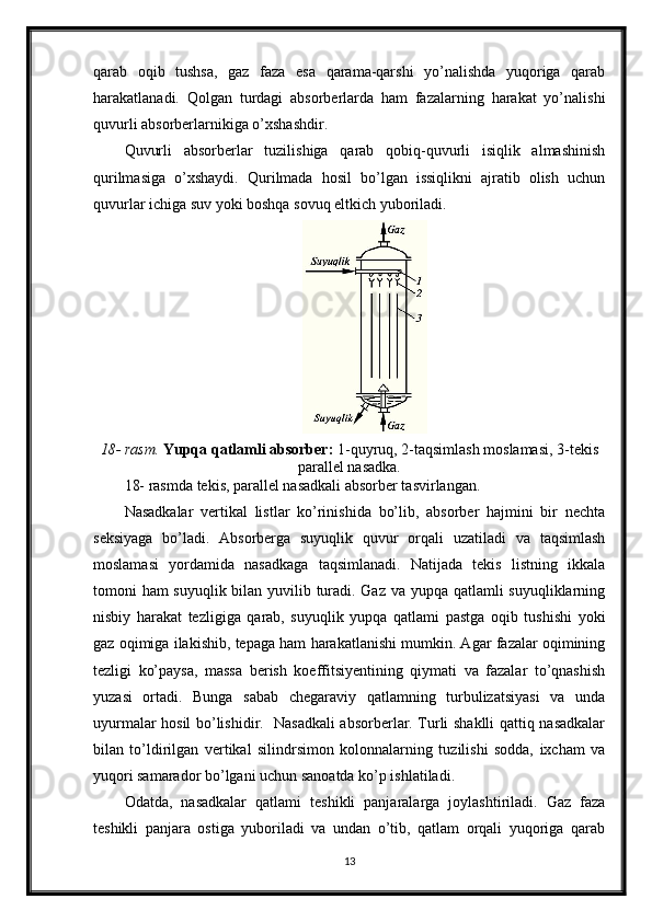 qarab   oqib   tushsa,   gaz   faza   esa   qarama-qarshi   yo’nalishda   yuqoriga   qarab
harakatlanadi.   Qolgan   turdagi   absorberlarda   ham   fazalarning   harakat   yo’nalishi
quvurli absorberlarnikiga o’xshashdir.
Quvurli   absorberlar   tuzilishiga   qarab   qobiq-quvurli   isiqlik   almashinish
qurilmasiga   o’xshaydi.   Qurilmada   hosil   bo’lgan   issiqlikni   ajratib   olish   uchun
quvurlar ichiga suv yoki boshqa sovuq eltkich yuboriladi.
18- rasm.  Yupqa qatlamli absorber:  1-quyruq, 2-taqsimlash moslamasi, 3-tekis
parallel nasadka.
18- rasmda tekis, parallel nasadkali absorber tasvirlangan.
Nasadkalar   vertikal   listlar   ko’rinishida   bo’lib,   absorber   hajmini   bir   nechta
seksiyaga   bo’ladi.   Absorberga   suyuqlik   quvur   orqali   uzatiladi   va   taqsimlash
moslamasi   yordamida   nasadkaga   taqsimlanadi.   Natijada   tekis   listning   ikkala
tomoni ham suyuqlik bilan yuvilib turadi. Gaz va yupqa qatlamli suyuqliklarning
nisbiy   harakat   tezligiga   qarab,   suyuqlik   yupqa   qatlami   pastga   oqib   tushishi   yoki
gaz oqimiga ilakishib, tepaga ham harakatlanishi mumkin. Agar fazalar oqimining
tezligi   ko’paysa,   massa   berish   koeffitsiyentining   qiymati   va   fazalar   to’qnashish
yuzasi   ortadi.   Bunga   sabab   chegaraviy   qatlamning   turbulizatsiyasi   va   unda
uyurmalar hosil bo’lishidir.   Nasadkali absorberlar. Тurli shaklli qattiq nasadkalar
bilan   to’ldirilgan   vertikal   silindrsimon   kolonnalarning   tuzilishi   sodda,   ixcham   va
yuqori samarador bo’lgani uchun sanoatda ko’p ishlatiladi.
Odatda,   nasadkalar   qatlami   teshikli   panjaralarga   joylashtiriladi.   Gaz   faza
teshikli   panjara   ostiga   yuboriladi   va   undan   o’tib,   qatlam   orqali   yuqoriga   qarab
13 