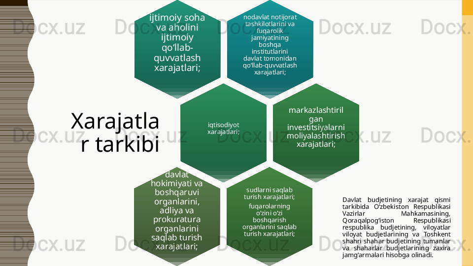 nodavlat notijorat 
tashkilotlarini va 
fuqarolik 
jamiyatining 
boshqa 
institutlarini 
davlat tomonidan 
qo‘llab-quvvatlash 
xarajatlari;ijtimoiy soha 
va aholini 
ijtimoiy 
qo‘llab-
quvvatlash 
xarajatlari;
iqtisodiyot 
xarajatlari;Xarajatla
r tarkibi markazlashtiril
gan 
investitsiyalarni 
moliyalashtirish 
xarajatlari;
sudlarni saqlab 
turish xarajatlari;
fuqarolarning 
o‘zini o‘zi 
boshqarish 
organlarini saqlab 
turish xarajatlari; Davlat  budjetining  xarajat  qismi 
tarkibida  O‘zbekiston  Respublikasi 
Vazirlar  Mahkamasining, 
Qoraqalpog‘iston  Respublikasi 
respublika  budjetining,  viloyatlar 
viloyat  budjetlarining  va  Toshkent 
shahri  shahar  budjetining  tumanlar 
va  shaharlar  budjetlarining  zaxira 
jamg‘armalari hisobga olinadi.davlat 
hokimiyati va 
boshqaruvi 
organlarini, 
adliya va 
prokuratura 
organlarini 
saqlab turish 
xarajatlari; 