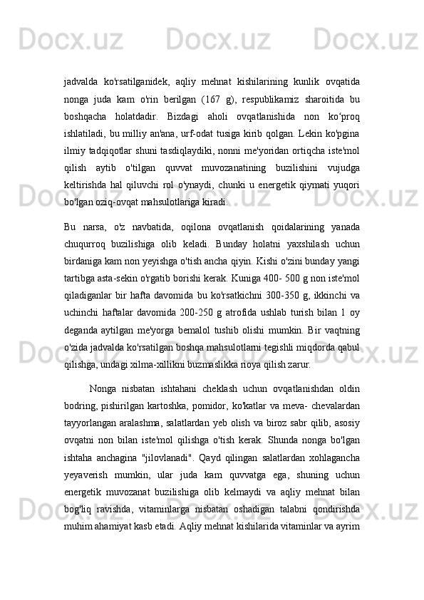 jadvalda   ko'rsatilganidek,   aqliy   mehnat   kishilarining   kunlik   ovqatida
nonga   juda   kam   o'rin   berilgan   (167   g),   respublikamiz   sharoitida   bu
boshqacha   holatdadir.   Bizdagi   aholi   ovqatlanishida   non   ko proqʻ
ishlatiladi, bu milliy an'ana, urf-odat  tusiga kirib qolgan. Lekin ko'pgina
ilmiy  tadqiqotlar  shuni  tasdiqlaydiki,   nonni   me'yoridan  ortiqcha   iste'mol
qilish   aytib   o'tilgan   quvvat   muvozanatining   buzilishini   vujudga
keltirishda   hal   qiluvchi   rol   o'ynaydi,   chunki   u   energetik   qiymati   yuqori
bo'lgan oziq-ovqat mahsulotlariga kiradi.
Bu   narsa,   o'z   navbatida,   oqilona   ovqatlanish   qoidalarining   yanada
chuqurroq   buzilishiga   olib   keladi.   Bunday   holatni   yaxshilash   uchun
birdaniga kam non yeyishga o'tish ancha qiyin. Kishi o'zini bunday yangi
tartibga asta-sekin o'rgatib borishi kerak. Kuniga 400- 500 g non iste'mol
qiladiganlar   bir   hafta   davomida   bu   ko'rsatkichni   300-350   g,   ikkinchi   va
uchinchi   haftalar   davomida   200-250   g   atrofida   ushlab   turish   bilan   1   oy
deganda   aytilgan   me'yorga   bemalol   tushib   olishi   mumkin.   Bir   vaqtning
o'zida jadvalda ko'rsatilgan boshqa mahsulotlarni tegishli miqdorda qabul
qilishga, undagi xilma-xillikni buzmaslikka rioya qilish zarur.
Nonga   nisbatan   ishtahani   cheklash   uchun   ovqatlanishdan   oldin
bodring,  pishirilgan  kartoshka,   pomidor,  ko'katlar   va  meva-   chevalardan
tayyorlangan  aralashma,  salatlardan  yeb olish va biroz sabr  qilib, asosiy
ovqatni   non   bilan   iste'mol   qilishga   o'tish   kerak.   Shunda   nonga   bo'lgan
ishtaha   anchagina   "jilovlanadi".   Qayd   qilingan   salatlardan   xohlagancha
yeyaverish   mumkin,   ular   juda   kam   quvvatga   ega,   shuning   uchun
energetik   muvozanat   buzilishiga   olib   kelmaydi   va   aqliy   mehnat   bilan
bog'liq   ravishda,   vitaminlarga   nisbatan   oshadigan   talabni   qondirishda
muhim ahamiyat kasb etadi. Aqliy mehnat kishilarida vitaminlar va ayrim