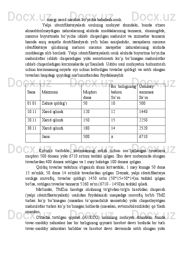 - oxirgi xarid narxlari bo’yicha baholash usuli.
    Yalpi   identifikatsiyalash   usulning   mohiyat   shundaki,   bunda   o'zaro
almashtirilmaydigan   zahiralarning   alohida   moddalarining   tannarxi,   shuningdek,
maxsus   buyurtmala   bo’yicha   ishlab   chiqarilgan   mahsulot   va   xizmatlar   tannarxi
hamda   aniq   arajatla   dentifikaslyash   yo'li   bilan   aniqlashdir,   xarajalarni   maxsus
idenfikatsiya   qilishning   ma'nosi   maxsus   xarajatlar   zahiralarining   alohida
moddasiga olib boriladi. Yalpi identifikatsiyalash usuli alohida buyurtma bo'yicha
mahsulotlar   ishlab   chiqaradigan   yoki   assortimenti   ko’p   bo’lmagan   mahsulotlar
ishlab chiqariladigan korxonalarda qo’llaniladi.   Ushbu usul mohiyatini tushuntirish
uchun korxonaning noyabr oyi uchun keltirilgan tovarlar qoldig'i va sotib olingan
tovarlari haqidagi quyidagi ma'lumotlaridan foydalanaylik.
Sana Mazmuni Miqdori
dona Bir   birligining
bahosi
So’m Umumiy
summasi
So’m
01.01 Zahira qoldig’i 50 10 500
10.11 Xarid qilindi 120 12 1440
20.11 Xarid qilindi 150 15 2250
30.11 Xarid qilindi 180 14 2520
Jami 500 x 6710
  Ko'rinib   turibdiki,   korxonaning   sotish   uchun   mo’ljallangan   tovarlarni
miqdori 500 donani yoki 6710 so'mni tashkil qilgan. Shu davr mobaynida olingan
tovarlardan 400 donasi sotilgan va 1 may holatiga 100 donasi qolgan.
Qoldiq tovarlar  tarkibini  o'rganish  shuni  ko'rsatdiki,  1 may kuniga 50 dona
15   so'mlik,   50   dona   14   so'mlik   tovarlardan   qolgan.   Demak,   yalpi   identifikatsiya
usuliga   muvofiq,   tovarlar   qoldig'i   1450   so'm   (50*15+50*14)ni   tashkil   qilgan
bo'lsa, sotilgan tovarlar tannarxi 5260 so'm (6710 - 1450)ni tashkil qiladi.
Ma'lumki,   TMZni   hisobga   olishning   to'g'ridan-to'g'ri   hisobdan   chiqarish
(yalpi   identifikatsiyalash)   usulidan   foydalanish   maqsadga   muvofiq   bo'lib   TMZ
turlari   ko’p   bo’lmagan   (masalan   to’qimachilik   sanoatida)   yoki   chiqarilayotgan
mahsulotlar turlari ko’p bo’lmagan hollarda (masalan, avtomobilsozlikda) qo 'llash
mumkin.
O'rtacha   tortilgan   qiymat   (AVECO)   usulining   mohiyati   shundaki,   bunda
tovar-moddiy  zahiralari   har   bir   birligining  qiymati   hisobot   davri   boshida   bir   turli
tovar-moddiy   zahiralari   birliklar   va   hisobot   davri   davomida   sotib   olingan   yoki 