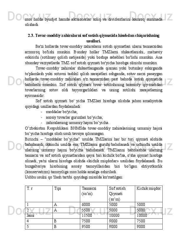 mos   holda   byudjet   hamda   aktsionerlar   soliq   va   dividentlarini   kamroq   summada
olishadi.
2.3. Tovar-moddiy zahiralarni sof sotish qiymatida hisobdan chiqarishning
usullari.
Ba'zi  hollarda tovar-moddiy zahiralarni sotish qiymatlari ularni tannarxidan
arzonroq   bo'lishi   munkin.   Bunday   hollar   TMZlarni   shikastlanishi,   ma'naviy
eskirishi   (sotilmay  qolish   natijasida)   yoki   boshqa   sabablari   bo'lishi   mumkin.   Ana
shunday vaziyatlarda TMZ sof sotish qiymati bo'yicha hisobga olinishi mumkin.
Tovar-moddiy   zahiralar   shikastlanganda   qisman   yoki   butunlay   eskirganda
to'plamlash  yoki  sotuvni  tashkil  qilish  xarajatlari   oshganda,  sotuv  narxi  pasaygan
hollarda   tovar-moddiy   zahiralari   o'z   tannarxidan   past   bahoda   sotish   qiymatida
baholashi   mumkin.   Sof   sotish   qlymati   tovar   sotilishining   taxminty   qiy-matidan
tovarlarning   sotuv   oldi   tayyorgarliklari   va   uning   sotilishi   xarajatlarning
ayirmasidir.
Sof   sotish   qiymati   bo'   yicha   TMZlari   hisobga   olishda   jahon   amaliyotida
quyidagi usullardan foydalaniladi:
- moddalar bo'yicha;
- asosiy tovarlar guruxlari bo’yicha;
- zahiralarning umumiy hajmi bo’yicha.
O’zbekiston   Respublikasi   BHMSda   tovar-moddiy   zahiralarining   umumiy   hajmi
bo’yicha hisobga olish usuli tavsiya qilinmagan.
Birinchi   –   “moddalar   bo’yicha”   usulda   TMZlarini   har   bir   turi   qiymati   alohida
baholanadi, ikkinchi  usulda esa, TMZlarini  guruhi  baholanadi  va uchinchi  usulda
ularning   umumiy   hajmi   bo'yicha   baholanadi.   TMZlarini   baholashda   ularning
tannarxi va sof sotish qiymatlaridan qaysi biri kichilk bo'lsa, o'sha qiymat hisobga
olinadi, ya'ni  ularni  hisobga olishda  «kichik miqdorlar» usulidan foydalanadi. Bu
buxgalteriya   hisobining   asosiy   tamoyillaridan   biri   bo’lgan   ehtiyotkorlik
(konservatizm) tamoyiliga mos holda amalga oshiriladi.
Ushbu usulni qo 'llash tartibi quyidagi misolda ko'rsatilgan:
T. r Tipi Tannarxi
(so’m) Sof sotish
Qiymati
(so’m) Kichik miqdor
1 A 6000 5000 5000
2 A 5500 5000 5000
Jami 11500 10000 10000
4 B 7500 9000 7500
5 B 9500 9000 9000 