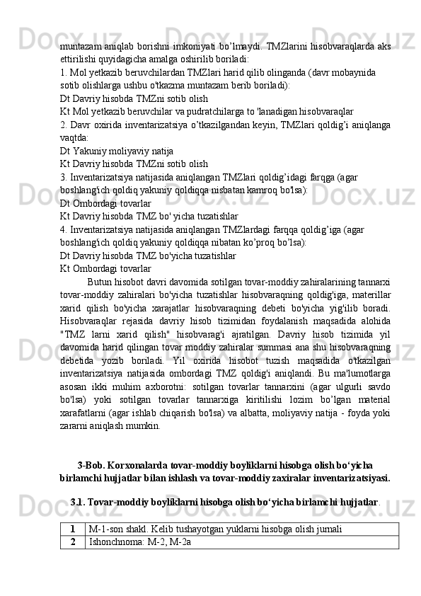 muntazam aniqlab borishni imkoniyati bo’lmaydi. TMZlarini hisobvaraqlarda aks
ettirilishi quyidagicha amalga oshirilib boriladi:
1. Mol yetkazib beruvchilardan TMZlari harid qilib olinganda (davr mobaynida
sotib olishlarga ushbu o'tkazma muntazam berib boriladi):
Dt Davriy hisobda TMZni sotib olish
Kt Mol yetkazib beruvchilar va pudratchilarga to 'lanadigan hisobvaraqlar
2. Davr oxirida inventarizatsiya o’tkazilgandan keyin, TMZlari qoldig’i aniqlanga
vaqtda:
Dt Yakuniy moliyaviy natija 
Kt Davriy hisobda TMZni sotib olish 
3. Inventarizatsiya natijasida aniqlangan TMZlari qoldig’idagi farqga (agar
boshlang'ich qoldiq yakuniy qoldiqqa nisbatan kamroq bo'lsa):
Dt Ombordagi tovarlar
Kt Davriy hisobda TMZ bo' yicha tuzatishlar
4. Inventarizatsiya natijasida aniqlangan TMZlardagi farqqa qoldig’iga (agar
boshlang'ich qoldiq yakuniy qoldiqqa nibatan ko’proq bo’lsa):
Dt Davriy hisobda TMZ bo'yicha tuzatishlar
Kt Ombordagi tovarlar
           Butun hisobot davri davomida sotilgan tovar-moddiy zahiralarining tannarxi
tovar-moddiy   zahiralari   bo'yicha   tuzatishlar   hisobvaraqning   qoldig'iga,   materillar
xarid   qilish   bo'yicha   xarajatlar   hisobvaraqning   debeti   bo'yicha   yig'ilib   boradi.
Hisobvaraqlar   rejasida   davriy   hisob   tizimidan   foydalanish   maqsadida   alohida
"TMZ   larni   xarid   qilish"   hisobvarag'i   ajratilgan.   Davriy   hisob   tizimida   yil
davomida harid qilingan tovar moddiy zahiralar summasi  ana shu hisobvaraqning
debetida   yozib   boriladi.   Yil   oxirida   hisobot   tuzish   maqsadida   o'tkazilgan
inventarizatsiya   natijasida   ombordagi   TMZ   qoldig'i   aniqlandi.   Bu   ma'lumotlarga
asosan   ikki   muhim   axborotni:   sotilgan   tovarlar   tannarxini   (agar   ulgurli   savdo
bo'lsa)   yoki   sotilgan   tovarlar   tannarxiga   kiritilishi   lozim   bo’lgan   material
xarafatlarni (agar ishlab chiqarish bo'lsa) va albatta, moliyaviy natija - foyda yoki
zararni aniqlash mumkin.
       3-Bob. Korxonalarda tovar-moddiy boyliklarni hisobga olish bo‘yicha 
birlamchi hujjatlar bilan ishlash va tovar-moddiy zaxiralar inventarizatsiyasi.
     
3.1. Tovar-moddiy boyliklarni hisobga olish bo‘yicha birlamchi hujjatlar .
1 M-1-son shakl. Kelib tushayotgan yuklarni hisobga olish jurnali
2 Ishonchnoma: M-2, M-2a 