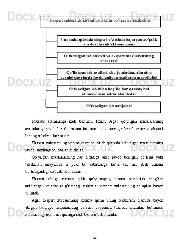 Maxsus   atamalarga   izoh   berilishi   lozim.   Agar   qo’yilgan   masalalarning
ayrimlariga   javob   berish   imkoni   bo’lmasa,   xulosaning   izlanish   qismida   ekspert
buning sababini ko’rsatadi.  
Ekspert  xulosasining xotima qismida kirish qismida keltirilgan masalalarning
javobi tarzidagi xulosalar keltiriladi.  
Qo’yilgan   masalalarning   har   bittasiga   aniq   javob   berilgan   bo’lishi   yoki
tekshirish   jarayonida   u   yoki   bu   sabablarga   ko’ra   uni   hal   etish   imkoni
bo’lmaganligi ko’rsatilishi lozim.  
Ekspert   oldiga   masala   qilib   qo’yilmagan,   ammo   tekshirish   chog’ida
aniqlangan   xolatlar   to’g’risidagi   xulosalar   ekspert   xulosasining   so’ngida   bayon
qilinadi.  
Agar   ekspert   xulosasining   xotima   qismi   uning   tekshirish   qismida   bayon
etilgan   tadqiqot   natijalarining   batafsil   bayonisiz   tuzilishi   mumkin   bo’lmasa,
xulosaning tekshirish qismiga izoh berib o’tish mumkin.  
22 