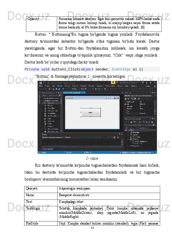 Opacity Formanıń kóriniw dárejesi. Eger bul qásiyettiń mánisi 100% bolsa onda
forma   tolıgOı   menen   kórinip   turadı,   al   azayip   bar	gOan   sayın   forma   astıda
kórine baslaydı, al 0% bolsa formanıń ozi kórinbey qaladı. [6]
Button.   ''   Buttonning''Bu   tugma   bo'lganda   tugma   yoziladi.   Foydalanuvchi
dasturiy   ta'minotdan   xabardor   bo'lganda   o'sha   tugmani   bo'lishi   kerak.   Dastur
yaratilganda,   agar   biz   Button-dan   foydalanishni   xohlasak,   uni   kerakli   joyga
ko'chiramiz va uning ishlashiga to'sqinlik qilmaymiz. ''Clik''  vaqti ishga yoziladi .
Dastur kodi bo yicha u quyidagicha ko rinadi:	
ʻ ʻ
Private void  button1_Click( object  sender,  EventArgs  e) {}
“Button” dı forma	
gOa jaylastırıw 2 - súwrette kórsetilgen.  
2-   rasm
Biz dasturiy ta'minotda ko'pincha tugmachalardan foydalansak ham bo'ladi,
lekin   bu   dasturda   ko'pincha   tugmachalardan   foydalaniladi   va   biz   tugmacha
boshqaruv elementlarining xususiyatlari bilan tanishamiz.
Qásiyeti Atqaratu	
gOın wazıypası
Name Basqarıw elementi atı
Text Knopkada
gOı tekst
TextAlign Teksttiń   knopkada   jaylasıwı.   Tekst   knopka   ortasında   jaylasıw
múmkin(MiddleCenter),   shep   ja	
gOında(MiddleLeft),   ón   ja	gOında
(MiddleRight)
FlatStyle Stiyl.   Knopka   standart   bolıwı   múmkin   (standart),   tegis   (Flat)   yamasa
13 