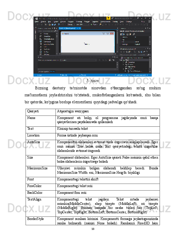 5-   rasm
Bizning   dasturiy   ta'minotda   sinovdan   o'tkazgandan   so'ng   muhim
ma'lumotlarni   joylashtirishni   to'xtatadi,   mukofotlanganlarni   ko'rsatadi,   shu   bilan
bir qatorda, ko'pgina boshqa elementlarni quyidagi jadvalga qo'shadi.
Qásiyeti AtqaratugOın wazıypası
Name Komponent   atı   bolıp,   ol   programma   ja	
gOdayında   onıń   basqa
qásiyetlerinen paydalanıwda qollanıladı
Text Kórinip turıwshı tekst
Location Forma ústinde jaylasqan ornı
AutoSize Komponenttiń ólshemleri avtomat túrde ózgeriwin anıqlap beredi. Eger
onıń   mánisi   True   bolsa   onda   Text   qásiyetindegi   tekstti   ózgertilse
ólshemleride avtomat ózgeredi
Size Komponent ólshemleri. Eger AutoSize qásieti False mánisin qabıl etken
bolsa ólshemlerin ózgertiwge boladı
MaximumSize Úlkeyiwi   múmkin   bol	
gOan   ólshemdi   beldilep   beredi.   Bunda
MaximumSize.Width- eni, MaximumSize.Heigth- biyikligi
Font Komponenttegi teksttiń shrift
ForeColor Komponenttegi tekst reńi
BackColor Komponent fonı reńi
TextAlign Komponenttegi   tekst   ja	
gOdayı.   Tekst   ortada   jaylasıwı
múmkin(MiddleCenter),   shep   tárepte   (MiddleLeft),   oń   tárepte
(MiddleRight).   Bunnan   basqada   bir   neshe   túrleri   bar   (TopLeft,
TopCenter, TopRight, BottomLeft, BottomCenter, BottomRight)
BorderStyle Komponent   ramkası   kórinisi.   Komponentti   forma	
gOa   jaylastırganıńizda
ramka   bolmaydı   (mánisi   None   boladı).   Ramkanıń   Fixed3D   hám
18 