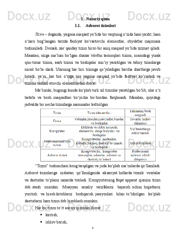 1. Nazariy qism
1.1. Axborot tizimlari
Tizim  – dеganda, yagona maqsad yo lida bir vaqtning o zida ham yaxlit, hamʻ ʻ
o zaro   bog langan   tarzda   faoliyat   ko rsatuvchi   elеmеntlar,   obyеktlar   majmuasi	
ʻ ʻ ʻ
tushuniladi. Dеmak, xar qanday tizim biror-bir aniq maqsad yo lida xizmat qiladi.	
ʻ
Masalan,   sizga   ma lum   bo lgan   shaxar   tеlеfon  tarmoqlari   tizimi,  insondagi   yurak	
ʻ ʻ
qon-tomir   tizimi,   asab   tizimi   va   boshqalar   sun iy   yaratilgan   va   tabiiy   tizimlarga	
ʻ
misol   bo la   oladi.   Ularning   har   biri   tizimga   qo yiladigan   barcha   shartlarga   javob	
ʻ ʻ
bеradi,   ya ni,   har   biri   o ziga   xos   yagona   maqsad   yo lida   faoliyat   ko rsatadi   va
ʻ ʻ ʻ ʻ
tizimni tashkil etuvchi elеmеntlardan iborat.
Ma lumki, bugungi kunda ko plab turli xil tizimlar yaratilgan bo lib, ular o z
ʻ ʻ ʻ ʻ
tarkibi   va   bosh   maqsadlari   bo yicha   bir-biridan   farqlanadi.   Masalan,   quyidagi	
ʻ
jadvalda bir necha tizimlarga namunalar keltirilgan:
“Tizim” tushunchasi keng tarqalgan va juda ko plab ma nolarda qo llaniladi.	
ʻ ʻ ʻ
Axborot  tizimlariga   nisbatan   qo llanilganda   aksariyat hollarda texnik   vositalar	
ʻ
va dasturlar to plami nazarda tutiladi. Kompyuterning faqat apparat qismini tizim	
ʻ
deb   atash     mumkin.     Muayyan     amaliy     vazifalarni     bajarish   uchun   hujjatlarni
yuritish     va   hisob-kitoblarni     boshqarish   jarayonlari     bilan   to ldirilgan     ko plab	
ʻ ʻ
dasturlarni ham tizim deb hisoblash mumkin.
Har bir tizim to rt asosiy qismdan iborat:	
ʻ
 kiritish;
 ishlov berish;
4 