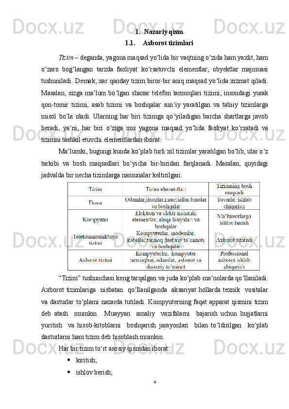1. Nazariy qism
1.1. Axborot tizimlari
Tizim  – dеganda, yagona maqsad yo lida bir vaqtning o zida ham yaxlit, hamʻ ʻ
o zaro   bog langan   tarzda   faoliyat   ko rsatuvchi   elеmеntlar,   obyеktlar   majmuasi	
ʻ ʻ ʻ
tushuniladi. Dеmak, xar qanday tizim biror-bir aniq maqsad yo lida xizmat qiladi.	
ʻ
Masalan,   sizga   ma lum   bo lgan   shaxar   tеlеfon  tarmoqlari   tizimi,  insondagi   yurak	
ʻ ʻ
qon-tomir   tizimi,   asab   tizimi   va   boshqalar   sun iy   yaratilgan   va   tabiiy   tizimlarga	
ʻ
misol   bo la   oladi.   Ularning   har   biri   tizimga   qo yiladigan   barcha   shartlarga   javob	
ʻ ʻ
bеradi,   ya ni,   har   biri   o ziga   xos   yagona   maqsad   yo lida   faoliyat   ko rsatadi   va
ʻ ʻ ʻ ʻ
tizimni tashkil etuvchi elеmеntlardan iborat.
Ma lumki, bugungi kunda ko plab turli xil tizimlar yaratilgan bo lib, ular o z
ʻ ʻ ʻ ʻ
tarkibi   va   bosh   maqsadlari   bo yicha   bir-biridan   farqlanadi.   Masalan,   quyidagi	
ʻ
jadvalda bir necha tizimlarga namunalar keltirilgan:
“Tizim” tushunchasi keng tarqalgan va juda ko plab ma nolarda qo llaniladi.	
ʻ ʻ ʻ
Axborot  tizimlariga   nisbatan   qo llanilganda   aksariyat hollarda texnik   vositalar	
ʻ
va dasturlar to plami nazarda tutiladi. Kompyuterning faqat apparat qismini tizim	
ʻ
deb   atash     mumkin.     Muayyan     amaliy     vazifalarni     bajarish   uchun   hujjatlarni
yuritish     va   hisob-kitoblarni     boshqarish   jarayonlari     bilan   to ldirilgan     ko plab	
ʻ ʻ
dasturlarni ham tizim deb hisoblash mumkin.
Har bir tizim to rt asosiy qismdan iborat:	
ʻ
 kiritish;
 ishlov berish;
4