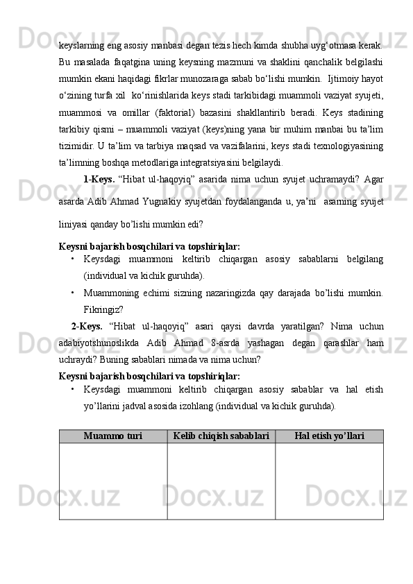 keyslarning eng asosiy manbasi degan tezis hech kimda shubha uyg‘otmasa kerak.
Bu   masalada   faqatgina   uning   keysning   mazmuni   va   shaklini   qanchalik   belgilashi
mumkin ekani haqidagi fikrlar munozaraga sabab bo‘lishi mumkin.  Ijtimoiy hayot
o‘zining turfa xil  ko‘rinishlarida keys stadi tarkibidagi muammoli vaziyat syujeti,
muammosi   va   omillar   (faktorial)   bazasini   shakllantirib   beradi.   Keys   stadining
tarkibiy  qismi   – muammoli  vaziyat  (keys)ning yana  bir  muhim  manbai  bu  ta’lim
tizimidir. U ta’lim va tarbiya maqsad va vazifalarini, keys stadi texnologiyasining
ta’limning boshqa metodlariga integratsiyasini belgilaydi.
1-Keys.   “Hibat   ul-haqoyiq”   asarida   nima   uchun   syujet   uchramaydi?   Agar
asarda   Adib   Ahmad   Yugnakiy   syujetdan   foydalanganda   u,   ya’ni     asarning   syujet
liniyasi qanday bo’lishi mumkin edi?
Keysni bajarish bosqchilari va topshiriqlar:
• Keysdagi   muammoni   keltirib   chiqargan   asosiy   sabablarni   belgilang
(individual va kichik guruhda).
• Muammoning   echimi   sizning   nazaringizda   qay   darajada   bo’lishi   mumkin.
Fikringiz?
2-Keys.   “Hibat   ul-haqoyiq”   asari   qaysi   davrda   yaratilgan?   Nima   uchun
adabiyotshunoslikda   Adib   Ahmad   8-asrda   yashagan   degan   qarashlar   ham
uchraydi?  Buning sabablari nimada va nima uchun? 
Keysni bajarish bosqchilari va topshiriqlar:
• Keysdagi   muammoni   keltirib   chiqargan   asosiy   sabablar   va   hal   etish
yo’llarini jadval asosida izohlang (individual va kichik guruhda).
Muammo turi Kelib chiqish sabablari Hal etish yo’llari 