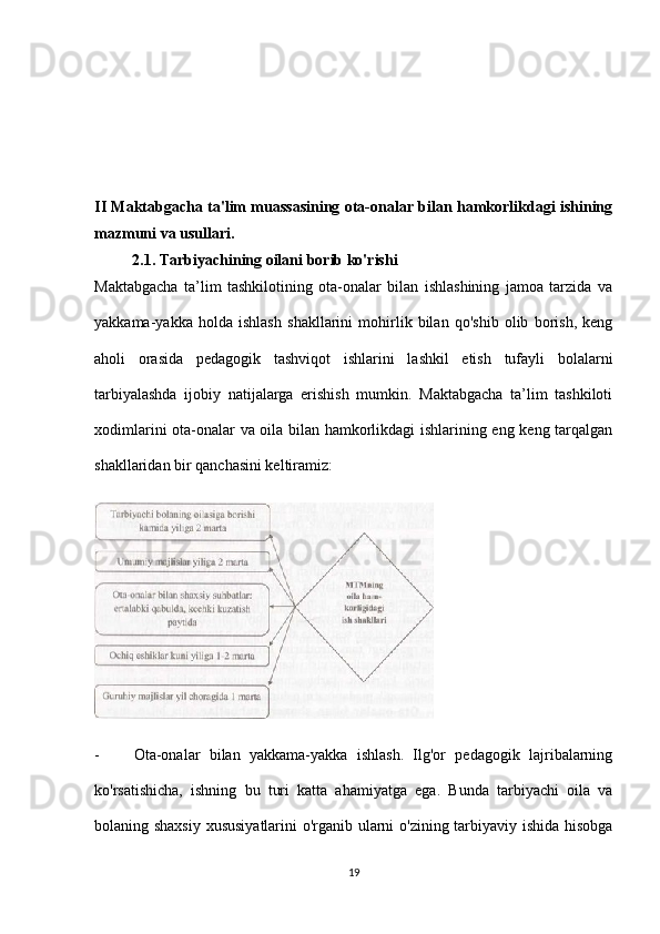 II Maktabgacha ta'lim muassasining ota-onalar bilan hamkorlikdagi ishining
mazmuni va usullari.
2.1. Tarbiyachining oilani borib ko'rishi 
Maktabgacha   ta’lim   tashkilotining   ota-onalar   bilan   ishlashining   jamoa   tarzida   va
yakkama-yakka   holda   ishlash   shakllarini   mohirlik   bilan   qo'shib   olib   borish,   keng
aholi   orasida   pedagogik   tashviqot   ishlarini   lashkil   etish   tufayli   bolalarni
tarbiyalashda   ijobiy   natijalarga   erishish   mumkin.   Maktabgacha   ta’lim   tashkiloti
xodimlarini ota-onalar va oila bilan hamkorlikdagi ishlarining eng keng tarqalgan
shakllaridan bir qanchasini keltiramiz:
- Ota-onalar   bilan   yakkama-yakka   ishlash.   Ilg'or   pedagogik   lajribalarning
ko'rsatishicha,   ishning   bu   turi   katta   ahamiyatga   ega.   Bunda   tarbiyachi   oila   va
bolaning shaxsiy xususiyatlarini o'rganib ularni o'zining tarbiyaviy ishida hisobga
19 