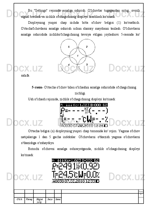 Bu   "Settings"   rejimida   amalga   oshirish.   O'lchovlar   tugagandan   so'ng,   ovozli
signal beriladi va zichlik o'lchagichning displeyi hisoblash ko'rinadi:
Displeyning   yuqori   chap   zichda   bitta   o'lchov   belgisi   (1)   ko'rsatkich.
O'rtacha'lchovlarni   amalga   oshirish   uchun   shaxsiy   maydonni   tanlash.   O'lchovlarni
amalga   oshirishda   zichliko'lchagichning   tavsiya   etilgan   joylashuvi   5-rasmda   ko'
sahifa.
5-rasm - O'rtacha o'lchov bilan o'lchashni amalga oshirishda o'lchagichning
zichligi.
Ush o'lchash rejimida, zichlik o'lchagichning displeyi ko'rinadi:
O'rtacha belgisi (n) displeyning yuqori chap tomonida ko' rejim. Yagona o'lchov
natijalariga   1   dan   5   gacha   indekslar.   O'lchovlarni   o'tkazish   yagona   o'lchovlarni
o'tkazishga o'xshaydiyu
Birinchi   o'lchovni   amalga   oshirayotganda,   zichlik   o'lchagichning   displeyi
ko'rinadi:
Varo
q
O'lch Varaq Hujjat
yo'q. Imzo Sana 