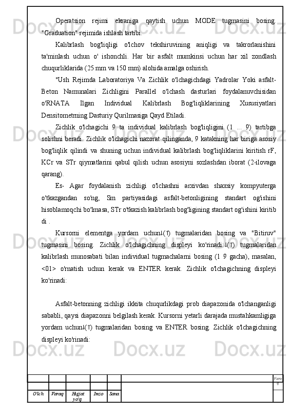 Operatsion   rejimi   ekraniga   qaytish   uchun   MODE   tugmasini   bosing.
"Graduation" rejimida ishlash tartibi.
Kalibrlash   bog'liqligi   o'lchov   tekshiruvining   aniqligi   va   takrorlanishini
ta'minlash   uchun   o'   ishonchli.   Har   bir   asfalt   mumkinsi   uchun   har   xil   zondlash
chuqurliklarida (25 mm va 150 mm) alohida amalga oshirish.
"Ush   Rejimda   Laboratoriya   Va   Zichlik   o'lchagichdagi   Yadrolar   Yoki   asfalt-
Beton   Namunalari   Zichligini   Parallel   o'lchash   dasturlari   foydalanuvchisidan
o'RNATA   Ilgan   Individual   Kalibrlash   Bog'liqliklarining   Xususiyatlari
Densitometrning Dasturiy Qurilmasiga Qayd Etiladi.
Zichlik   o'lchagichi   9   ta   individual   kalibrlash   bog'liqligini   (1   ...   9)   tartibga
solishni  beradi. Zichlik o'lchagichi nazorat qilinganda, 9 katakning har biriga asosiy
bog'liqlik   qilindi   va   shuning   uchun   individual   kalibrlash   bog'liqliklarini   kiritish   rF,
KCr   va   STr   qiymatlarini   qabul   qilish   uchun   asosiyni   sozlashdan   iborat   (2-ilovaga
qarang).
Es-   Agar   foydalanish   zichligi   o'lchashni   arxivdan   shaxsiy   kompyuterga
o'tkazgandan   so'ng,   Sm   partiyasidagi   asfalt-betonligining   standart   og'ishini
hisoblamoqchi bo'lmasa, STr o'tkazish kalibrlash bog'ligining standart og'ishini kiritib
di .
Kursorni   elementga   yordam   uchun  (  )   tugmalaridan   bosing   va   "Bitiruv"
tugmasini   bosing.   Zichlik   o'lchagichning   displeyi   ko'rinadi:  (  )   tugmalaridan
kalibrlash   munosabati   bilan   individual   tugmachalarni   bosing   (1   9   gacha),   masalan,
<01>   o'rnatish   uchun   kerak   va   ENTER   kerak.   Zichlik   o'lchagichning   displeyi
ko'rinadi:
Asfalt-betonning   zichligi   ikkita   chuqurlikdagi   prob   diapazonida   o'lchanganligi
sababli, qaysi diapazonni belgilash kerak. Kursorni yetarli darajada mustahkamligiga
yordam   uchun  (  )   tugmalaridan   bosing   va   ENTER   bosing.   Zichlik   o'lchagichning
displeyi ko'rinadi:
Varo
q
O'lch Varaq Hujjat
yo'q. Imzo Sana 