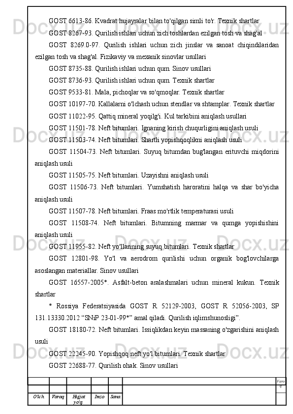 GOST 6613-86. Kvadrat hujayralar bilan to'qilgan simli to'r. Texnik shartlar
GOST 8267-93. Qurilish ishlari uchun zich toshlardan ezilgan tosh va shag'al
GOST   8269.0-97.   Qurilish   ishlari   uchun   zich   jinslar   va   sanoat   chiqindilaridan
ezilgan tosh va shag'al. Fizikaviy va mexanik sinovlar usullari
GOST 8735-88. Qurilish ishlari uchun qum. Sinov usullari
GOST 8736-93. Qurilish ishlari uchun qum. Texnik shartlar
GOST 9533-81. Mala, pichoqlar va so'qmoqlar. Texnik shartlar
GOST 10197-70. Kallalarni o'lchash uchun stendlar va shtamplar. Texnik shartlar
GOST 11022-95. Qattiq mineral yoqilg'i. Kul tarkibini aniqlash usullari
GOST 11501-78. Neft bitumlari. Ignaning kirish chuqurligini aniqlash usuli
GOST 11503-74. Neft bitumlari. Shartli yopishqoqlikni aniqlash usuli
GOST   11504-73.  Neft  bitumlari.  Suyuq bitumdan  bug'langan  erituvchi   miqdorini
aniqlash usuli
GOST 11505-75. Neft bitumlari. Uzayishni aniqlash usuli
GOST   11506-73.   Neft   bitumlari.   Yumshatish   haroratini   halqa   va   shar   bo'yicha
aniqlash usuli
GOST 11507-78. Neft bitumlari. Fraas mo'rtlik temperaturasi usuli
GOST   11508-74.   Neft   bitumlari.   Bitumning   marmar   va   qumga   yopishishini
aniqlash usuli
GOST 11955-82. Neft yo'llarining suyuq bitumlari. Texnik shartlar
GOST   12801-98.   Yo'l   va   aerodrom   qurilishi   uchun   organik   bog'lovchilarga
asoslangan materiallar. Sinov usullari
GOST   16557-2005*.   Asfalt-beton   aralashmalari   uchun   mineral   kukun.   Texnik
shartlar
*   Rossiya   Federatsiyasida   GOST   R   52129-2003,   GOST   R   52056-2003,   SP
131.13330.2012 “SNiP 23-01-99*” amal qiladi. Qurilish iqlimshunosligi”.
GOST 18180-72. Neft bitumlari. Issiqlikdan keyin massaning o'zgarishini aniqlash
usuli
GOST 22245-90. Yopishqoq neft yo'l bitumlari. Texnik shartlar
GOST 22688-77. Qurilish ohak. Sinov usullari
Varo
q
O'lch Varaq Hujjat
yo'q. Imzo Sana
