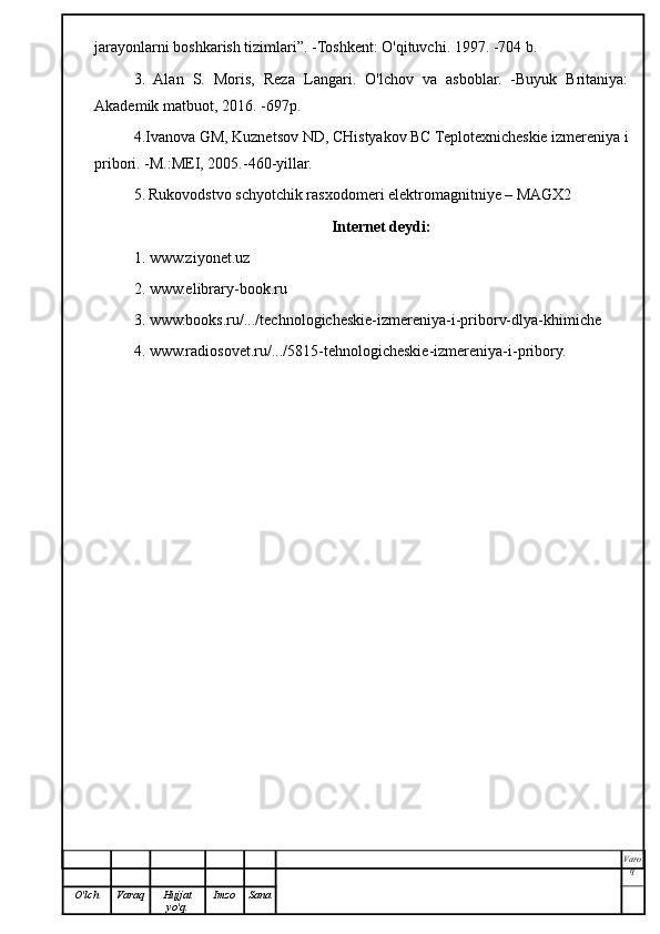 jarayonlarni boshkarish tizimlari”. -Toshkent: O'qituvchi. 1997. -704 b.
3.   Alan   S.   Moris,   Reza   Langari.   O'lchov   va   asboblar.   -Buyuk   Britaniya:
Akademik matbuot, 2016. -697p.
4.Ivanova GM, Kuznetsov ND, CHistyakov BC Teplotexnicheskie izmereniya i
pribori. -M.:MEI, 2005.-460-yillar.
5.   Rukovodstvo schyotchik rasxodomeri elektromagnitniye – MAGX2
Internet deydi:
1. www.ziyonet.uz
2. www.elibrary-book.ru
3. www.books.ru/.../technologicheskie-izmereniya-i-priborv-dlya-khimiche
4. www.radiosovet.ru/.../5815-tehnologicheskie-izmereniya-i-pribory.
Varo
q
O'lch Varaq Hujjat
yo'q. Imzo Sana 