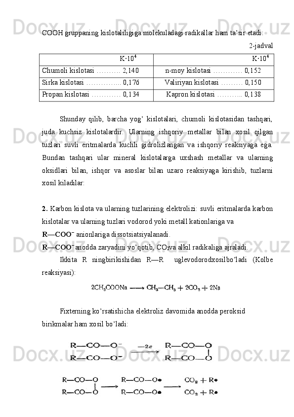 COOH   gruppaning   kislotaliligiga   molekuladagi   radikallar  h am   ta’sir   etadi:
2-jadval
                                          K·10 4
K·10 4
Chumoli kislotasi ……….  2,140 n-moy kislotasi ………… 0,152
Sirka kislotasi …………... 0,176 Valiriyan kislotasi ……… 0,150
Propan kislotasi ………… 0,134 Kapron kislotasi ……….. 0,138
Shunday   qilib,   barcha   yog’   kislotalari,   chumoli   kislotasidan   tashqari,
juda   kuchsiz   kislotalardir.   Ularning   ishqoriy   metallar   bilan   xosil   qilgan
tuzlari   suvli   eritmalarda   kuchli   gidrolizlangan   va   ishqoriy   reaksiyaga   ega.
Bundan   tashqari   ular   mineral   kislotalarga   uxshash   metallar   va   ularning
oksidlari   bilan,   ish q or   va   asoslar   bilan   uzaro   reaksiyaga   kirishib,   tuzlarni
xosil kiladilar:
2.  Karbon kislota va ularning tuzlarining elektrolizi:   suvli eritmalarda karbon
kislotalar va ularning tuzlari vodorod yoki metall kationlariga va 
R—COO –   
anionlariga   dissotsiatsiyalanadi. 
R—COO –  
anodda   zaryadini   y o’ qotib, CO
2 va   alkil   radikaliga   ajraladi.
Ikkita   R   ningbirikishidan   R—R     uglevodorodxosilbo’ladi   (Kolbe
reaksiyasi):
Fixterning ko’rsatishicha elektroliz davomida anodda peroksid 
birikmalar ham xosil bo’ladi: