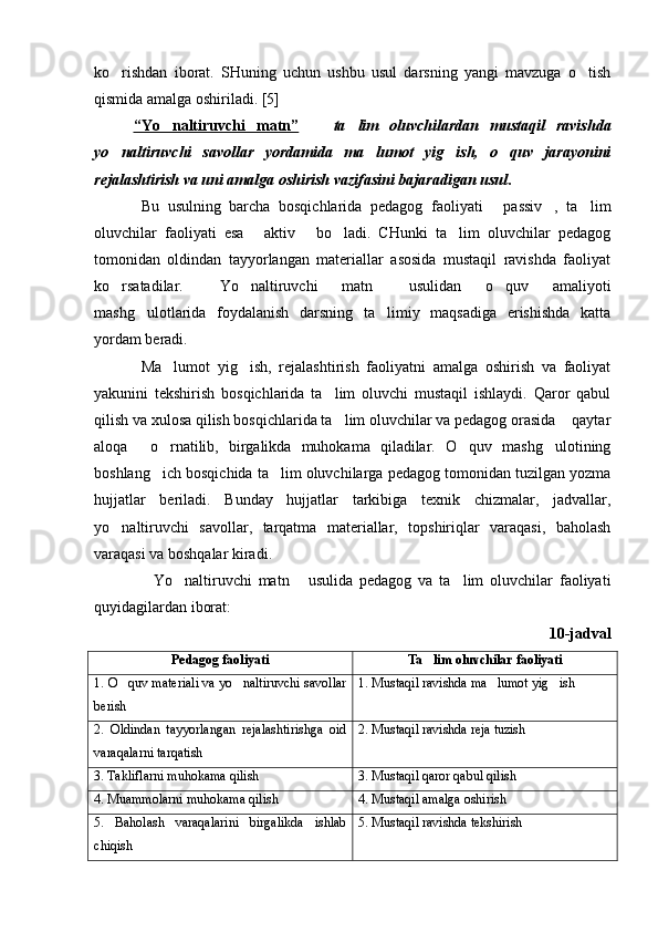 ko rishdan   iborat.   SHuning   uchun   ushbu   usul   darsning   yangi   mavzuga   o tish 
qismida amalga oshiriladi. [5]
“Yo naltiruvchi   matn”	
    	 ta lim   oluvchilardan   mustaqil   ravishda	
yo naltiruvchi   savollar   yordamida   ma lumot   yig ish,   o quv   jarayonini	
   
rejalashtirish va uni amalga oshirish vazifasini bajaradigan usul .
Bu   usulning   barcha   bosqichlarida   pedagog   faoliyati   passiv ,   ta lim	
  
oluvchilar   faoliyati   esa   aktiv   bo ladi.   CHunki   ta lim   oluvchilar   pedagog	
   
tomonidan   oldindan   tayyorlangan   materiallar   asosida   mustaqil   ravishda   faoliyat
ko rsatadilar.   Yo naltiruvchi   matn   usulidan   o quv   amaliyoti	
    
mashg ulotlarida   foydalanish   darsning   ta limiy   maqsadiga   erishishda   katta	
 
yordam beradi.  
Ma lumot   yig ish,   rejalashtirish   faoliyatni   amalga   oshirish   va   faoliyat	
 
yakunini   tekshirish   bosqichlarida   ta lim   oluvchi   mustaqil   ishlaydi.   Qaror   qabul	

qilish va xulosa qilish bosqichlarida ta lim oluvchilar va pedagog orasida  qaytar
 
aloqa   o rnatilib,   birgalikda   muhokama   qiladilar.   O quv   mashg ulotining	
   
boshlang ich bosqichida ta lim oluvchilarga pedagog tomonidan tuzilgan yozma	
 
hujjatlar   beriladi.   Bunday   hujjatlar   tarkibiga   texnik   chizmalar,   jadvallar,
yo naltiruvchi   savollar,   tarqatma   materiallar,   topshiriqlar   varaqasi,   baholash	

varaqasi va boshqalar kiradi.
Yo naltiruvchi   matn   usulida   pedagog   va   ta lim   oluvchilar   faoliyati	
   
quyidagilardan iborat:  
10-jadval
Pedagog faoliyati Ta lim oluvchilar faoliyati	

1. O quv materiali va yo naltiruvchi savollar	
 
berish 1. Mustaqil ravishda ma lumot yig ish	 
2.   Oldindan   tayyorlangan   rejalashtirishga   oid
varaqalarni tarqatish  2. Mustaqil ravishda reja tuzish
3. Takliflarni muhokama qilish 3. Mustaqil qaror qabul qilish
4. Muammolarni muhokama qilish 4. Mustaqil amalga oshirish
5.   Baholash   varaqalarini   birgalikda   ishlab
chiqish 5. Mustaqil ravishda tekshirish 