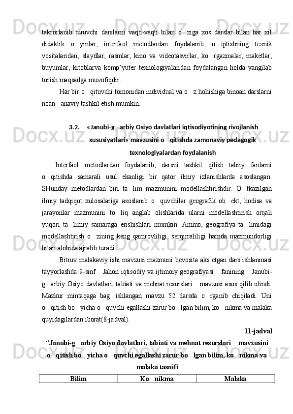 takrorlanib   turuvchi   darslarni   vaqti-vaqti   bilan   o ziga   xos   darslar   bilan   har   xil
didaktik   o yinlar,   interfaol   metodlardan   foydalanib,   o qitishning   texnik	
 
vositalaridan,   slaydlar,   rasmlar,   kino   va   videotasvirlar,   ko rgazmalar,   maketlar,	

buyumlar,   kitoblarva   komp’yuter   texnologiyalaridan   foydalangan   holda   yangilab
turish maqsadga muvofiqdir. 
Har bir o qituvchi tomonidan individual va o z hohishiga binoan darslarni	
 
noan anaviy tashkil etish mumkin.	

3.2. «Janubi-g arbiy Osiyo davlatlari iqtisodiyotining rivojlanish	

xususiyatlari» mavzusini o qitishda zamonaviy pedagogik	

texnologiyalardan foydalanish
Interfaol   metodlardan   foydalanib,   darsni   tashkil   qilish   tabiiy   fanlarni
o qitishda   samarali   usul   ekanligi   bir   qator   ilmiy   izlanishlarda   asoslangan.	

SHunday   metodlardan   biri   ta lim   mazmunini   modellashtirishdir.   O tkazilgan	
 
ilmiy   tadqiqot   xulosalariga   asoslanib   o quvchilar   geografik   ob ekt,   hodisa   va	
 
jarayonlar   mazmunini   to liq   anglab   olishlarida   ularni   modellashtirish   orqali	

yuqori   ta limiy   samaraga   erishishlari   mumkin.   Ammo,   geografiya   ta limidagi	
 
modellashtirish   o zining   keng   qamrovliligi,   serqirraliligi   hamda   mazmundorligi	

bilan alohida ajralib turadi. 
Bitruv malakaviy ishi mavzusi mazmuni bevosita aks etgan dars ishlanmasi
tayyorlashda 9-sinf  Jahon iqtisodiy va ijtimoiy geografiyasi  fanining  Janubi-	
  
g arbiy Osiyo davlatlari, tabiati va mehnat resurslari  mavzusi asos qilib olindi.	
 
Mazkur   mintaqaga   bag ishlangan   mavzu   52   darsda   o rganib   chiqiladi.   Uni	
 
o qitish bo yicha o quvchi egallashi zarur bo lgan bilim, ko nikma va malaka	
    
quyidagilardan iborat(8-jadval).
11-jadval
“Janubi-g arbiy Osiyo davlatlari, tabiati va mehnat resurslari  mavzusini	
 
o qitish bo yicha o quvchi egallashi zarur bo lgan bilim, ko nikma va	
    
malaka tasnifi
Bilim Ko nikma	
 Malaka 