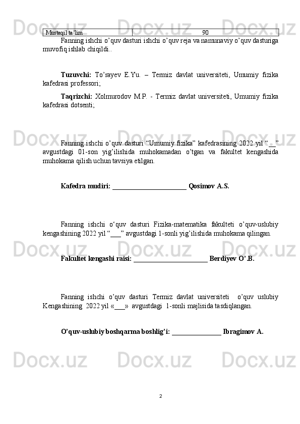 Mustaqil   ta’lim 90
Fanning   ishchi   o ’ quv   dasturi   ishchi   o ’ quv   reja   va   namunaviy   o ’ quv   dasturiga
muvofiq   ishlab   chiqildi ..
Tuzuvchi:   To’rayev   E.Yu.   –   Termiz   davlat   universiteti,   Umumiy   fizika
kafedrasi professori;
Taqrizchi:   Xolmurodov   M.P.   -   Termiz   davlat   universiteti,   Umumiy   fizika
kafedrasi dotsenti;
Fanning ishchi  o’quv dasturi   “Umumiy fizika”   kafedrasining 2022 yil “__”
avgustdagi   01-son   yig’ilishida   muhokamadan   o’tgan   va   fakultet   kengashida
muhokama qilish uchun tavsiya etilgan.
Kafedra mudiri: _____________________ Qosimov A.S.
Fanning   ishchi   o‘quv   dasturi   Fizika-matematika   fakulteti   o’quv-uslubiy
kengashining 2022 yil “___” avgustdagi 1-sonli yig’ilishida muhokama qilingan.
Fakultet kengashi raisi: _____________________ Berdiyev O’.B.
Fanning   ishchi   o’quv   dasturi   Termiz   davlat   universiteti     o’quv   uslubiy
Kengashining  2022 yil «___»  avgustdagi  1-sonli majlisida tasdiqlangan.
O’quv-uslubiy boshqarma boshlig’i: ______________ Ibragimov A.
 
2 
