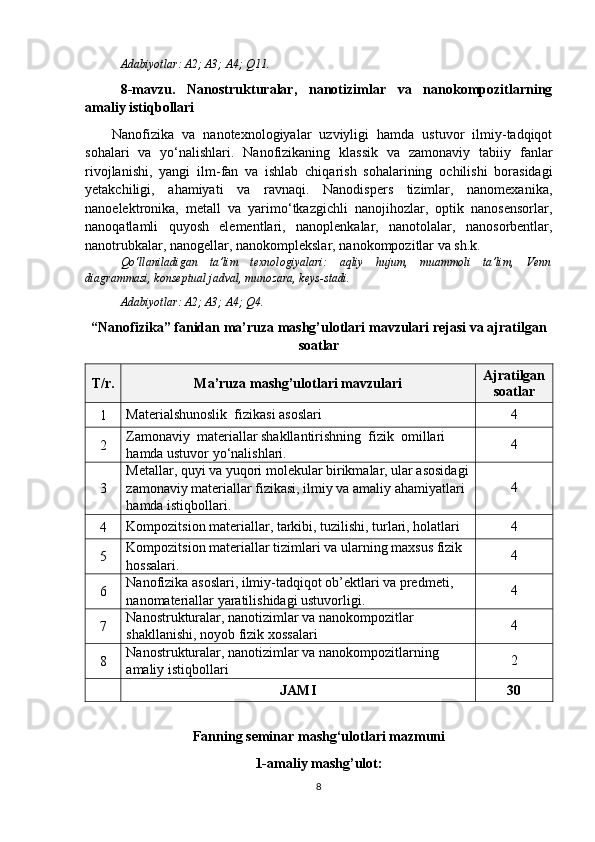 Adabiyotlar: A2; A3; A4; Q 11 .
8-mavzu.   Nanostrukturalar,   nanotizimlar   va   nanokompozitlarning
amaliy istiqbollari
Nanofizika   va   nanotexnologiyalar   uzviyligi   hamda   ustuvor   ilmiy-tadqiqot
sohalari   va   yo‘nalishlari.   Nanofizikaning   klassik   va   zamonaviy   tabiiy   fanlar
rivojlanishi,   yangi   ilm - fan   va   ishlab   chiqarish   sohalarining   ochilishi   borasidagi
yetakchiligi,   ahamiyati   va   ravnaqi.   Nanodispers   tizimlar,   nanomexanika,
nanoelektronika,   metall   va   yarimo‘tkazgichli   nanojihozlar,   optik   nanosensorlar,
nanoqatlamli   quyosh   elementlari,   nanoplenkalar,   nanotolalar,   nanosorbentlar,
nanotrubkalar, nanogellar, nanokomplekslar, nanokompozitlar va sh.k. 
Qo‘llaniladigan   ta’lim   texnologiyalari:   aqliy   hujum,   muammoli   ta’lim,   Venn
diagrammasi, konseptual jadval, munozara, keys-stadi.
Adabiyotlar: A2; A3; A4; Q 4 .
“ Nanofizika ”   fanidan ma’ruza mashg’ulotlari mavzulari rejasi va ajratilgan
soatlar
T / r . Ma’ruza mashg’ulotlari mavzulari Ajratilgan
soatlar
1 Materialshunoslik  fizikasi asoslari 4
2 Z amonaviy  materiallar shakllantirishning  fizik  omillari 
hamda ustuvor yo‘nalishlari. 4
3 Metallar, quyi va yuqori molekular birikmalar, ular asosidagi
zamonaviy materiallar fizikasi, ilmiy va amaliy ahamiyatlari 
hamda istiqbollari. 4
4 Kompozitsion materiallar, tarkibi, tuzilishi, turlari, holatlari 4
5 Kompozitsion materiallar  tizimlari  va ularning  maxsus fizik 
hossalari. 4
6 Nanofizika asoslari, ilmiy-tadqiqot ob’ektlari va predmeti, 
nanomateriallar yaratilishidagi ustuvorligi. 4
7 Nanostrukturalar, nanotizimlar va nanokompozitlar 
shakllanishi, noyob fizik xossalari 4
8 Nanostrukturalar, nanotizimlar va nanokompozitlar ning 
amaliy istiqbollari 2
JAMI 30
Fanning  seminar  mashg‘ulotlari mazmuni
1-amaliy mashg’ulot :
8 