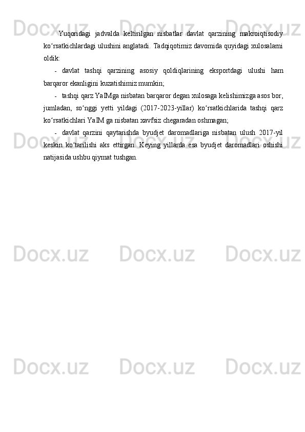 Yuqoridagi   jadvalda   keltirilgan   nisbatlar   davlat   qarzining   makroiqtisodiy
ko rsatkichlardagi ulushini anglatadi. Tadqiqotimiz davomida quyidagi xulosalarniʻ
oldik:
- davlat   tashqi   qarzining   asosiy   qoldiqlarining   eksportdagi   ulushi   ham
barqaror ekanligini kuzatishimiz mumkin;
- tashqi qarz YaIMga nisbatan barqaror degan xulosaga kelishimizga asos bor,
jumladan,   so nggi   yetti   yildagi   (2017-2023-yillar)   ko rsatkichlarida   tashqi   qarz	
ʻ ʻ
ko rsatkichlari YaIM ga nisbatan xavfsiz chegaradan oshmagan;	
ʻ
- davlat   qarzini   qaytarishda   byudjet   daromadlariga   nisbatan   ulush   2017-yil
keskin   ko tarilishi   aks   ettirgan.   Keying   yillarda   esa   byudjet   daromadlari   oshishi	
ʻ
natijasida ushbu qiymat tushgan. 