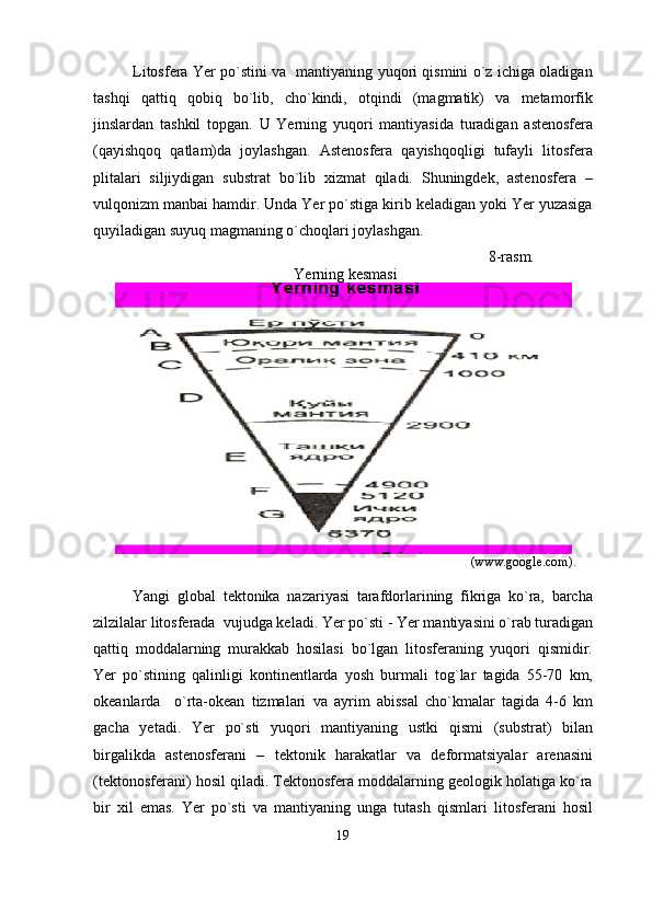 Litosfera Yer po`stini va   mantiyaning yuqori qismini o`z ichiga oladigan
tashqi   qattiq   qobiq   bo`lib,   cho`kindi,   otqindi   (magmatik)   va   metamorfik
jinslardan   tashkil   topgan.   U   Yerning   yuqori   mantiyasida   turadigan   astenosfera
(qayishqoq   qatlam)da   joylashgan.   Astenosfera   qayishqoqligi   tufayli   litosfera
plitalari   siljiydigan   substrat   bo`lib   xizmat   qiladi.   Shuningdek,   astenosfera   –
vulqonizm manbai hamdir. Unda Yer po`stiga kirib keladigan yoki Yer yuzasiga
quyiladigan suyuq magmaning o`choqlari joylashgan.
                                                                                                        8-rasm.
Yerning kesmasi 
                                                                                                            (www.google.com).
Yangi   global   tektonika   nazariyasi   tarafdorlarining   fikriga   ko`ra,   barcha
zilzilalar litosferada  vujudga keladi .  Yer po`sti   -  Yer mantiyasini o`rab turadigan
qattiq   moddalarning   murakkab   hosilasi   bo`lgan   litosferaning   yuqori   qismidir.
Yer   po`stining   qalinligi   kontinentlarda   yosh   burmali   tog`lar   tagida   55-70   km,
okeanlarda     o`rta-okean   tizmalari   va   ayrim   abissal   cho`kmalar   tagida   4-6   km
gacha   yetadi.   Yer   po`sti   yuqori   mantiyaning   ustki   qismi   (substrat)   bilan
birgalikda   astenosfera ni   –   tektonik   harakatlar   va   deformatsiyalar   arenasini
(tektonosferani) hosil qiladi. Tektonosfera moddalarning geologik holatiga ko`ra
bir   xil   emas.   Yer   po`sti   va   mantiyaning   unga   tutash   qismlari   litosfera ni   hosil
19 