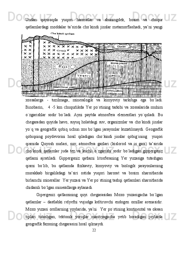 Undan   quyiroqda   yuqori   haroratlar   va   shuningdek,   bosim   va   chuqur
qatlamlardagi  moddalar  ta’sirida cho`kindi  jinslar  metamorflashadi,  ya’ni  yangi
xossalarga   -   tuzilmaga,   mineralogik   va   kimyoviy   tarkibga   ega   bo`ladi.
Binobarin,       4   -5   km   chuqurlikda   Yer   po`stining   tarkibi   va   xossalarida   muhim
o`zgarishlar   sodir   bo`ladi.   Ayni   paytda   atmosfera   elementlari   yo ` qoladi .   Bu
chegaradan   quyida   havo ,   suyuq   holatdagi   suv ,   organizmlar   va   cho ` kindi   jinslar
yo ` q   va   geografik   qobiq   uchun   xos   bo ` lgan   jarayonlar   kuzatilmaydi .   Geografik
qobiqning   poydevorini   hosil   qiladigan   cho ` kindi   jinslar   qobig ` ining     yuqori
qismida   Quyosh   nurlari ,   suv ,   atmosfera   gazlari   ( kislorod   va   is   gazi )   ta ’ sirida
cho ` kindi   qatlamlar   juda   tez   va   kuchli   o ` zgarishi   sodir   bo ` ladigan   gippergeniz
qatlami   ajratiladi .   Gippergeniz   qatlami   litosferaning   Yer   yuzasiga   tutashgan
qismi   bo ` lib ,   bu   qatlamda   fizikaviy ,   kimyoviy   va   biologik   jarayonlarning
murakkab   birgalikdagi   ta ’ siri   ostida   yuqori   harorat   va   bosim   sharoitlarida
birlamchi   minerallar    Yer   yuzasi   va   Yer   po ` stining   tashqi   qatlamlari   sharoitlarida
chidamli   bo ` lgan   minerallarga   aylanadi .
Gipergeniz   qatlamining   quyi   chegarasidan   Moxo   yuzasigacha   bo`lgan
qatlamlar   –   dastlabki   relyefni   vujudga   keltiruvchi   endogen   omillar   arenasidir.
Moxo   yuzasi   orollarning   yoylarida,   ya’ni     Yer   po`stining   kontinental   va   okean
tiplari   tutashgan,   tektonik   yoriqlar   mantiyagacha   yetib   boradigan   joylarda
geografik fazoning chegarasini hosil qilmaydi.
22 
