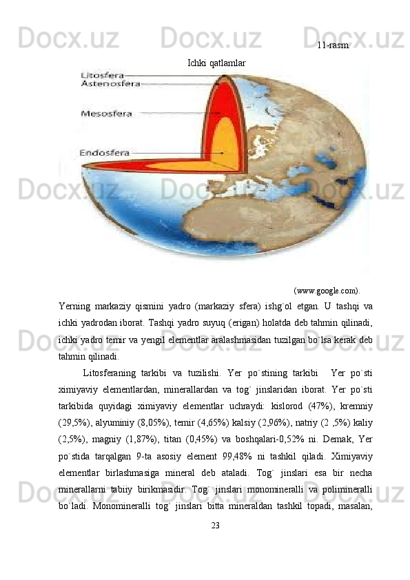                                                                                                            11-rasm.
Ichki qatlamlar  
                                                                                  (www.google.com).
Yerning   markaziy   qismini   yadro   (markaziy   sfera)   ishg`ol   etgan.   U   tashqi   va
ichki yadro dan iborat. Tashqi yadro suyuq (erigan) holatda deb tahmin qilinadi,
ichki yadro temir va yengil elementlar aralashmasidan tuzilgan bo`lsa kerak deb
tahmin qilinadi.
Litosferaning   tarkibi   va   tuzilishi .   Yer   po`stining   tarkibi     Yer   po`sti
ximiyaviy   elementlardan,   minerallardan   va   tog`   jinslaridan   iborat.   Yer   po`sti
tarkibida   quyidagi   ximiyaviy   elementlar   uchraydi:   kislorod   (47%),   kremniy
(29,5%), alyuminiy (8,05%), temir (4,65%) kalsiy (2,96%), natriy (2 ,5%) kaliy
(2,5%),   magniy   (1,87%),   titan   (0,45%)   va   boshqalari-0,52%   ni.   Demak,   Yer
po`stida   tarqalgan   9-ta   asosiy   element   99,48%   ni   tashkil   qiladi.   Ximiyaviy
elementlar   birlashmasiga   mineral   deb   ataladi.   Tog`   jinslari   esa   bir   necha
minerallarni   tabiiy   birikmasidir.   Tog`   jinslari   monomineralli   va   polimineralli
bo`ladi.   Monomineralli   tog`   jinslari   bitta   mineraldan   tashkil   topadi,   masalan,
23 