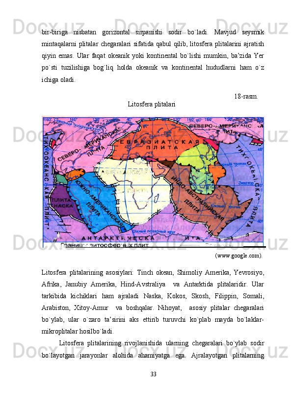 bir-biriga   nisbatan   gorizontal   sirpanishi   sodir   bo`ladi.   Mavjud   seysmik
mintaqalarni plitalar chegaralari sifatida qabul qilib, litosfera plitalarini ajratish
qiyin   emas.   Ular   faqat   okeanik   yoki   kontinental   bo`lishi   mumkin,   ba’zida   Yer
po`sti   tuzilishiga   bog`liq   holda   okeanik   va   kontinental   hududlarni   ham   o`z
ichiga oladi. 
                                                                                                  18-rasm. 
                                        Litosfera plitalari
                                                           ( www.google.com ).
Litosfera   plitalarining   asosiylari:   Tinch   okean,   Shimoliy   Amerika,   Yevrosiyo,
Afrika,   Janubiy   Amerika,   Hind-Avstraliya     va   Antarktida   plitalaridir.   Ular
tarkibida   kichiklari   ham   ajraladi   Naska,   Kokos,   Skosh,   Filippin,   Somali,
Arabiston,   Xitoy-Amur     va   boshqalar.   Nihoyat,     asosiy   plitalar   chegaralari
bo`ylab,   ular   o`zaro   ta’sirini   aks   ettirib   turuvchi   ko`plab   mayda   bo`laklar-
mikroplitalar hosilbo`ladi. 
Litosfera   plitalarining   rivojlanishida   ularning   chegaralari   bo`ylab   sodir
bo`layotgan   jarayonlar   alohida   ahamiyatga   ega.   Ajralayotgan   plitalarning
33 