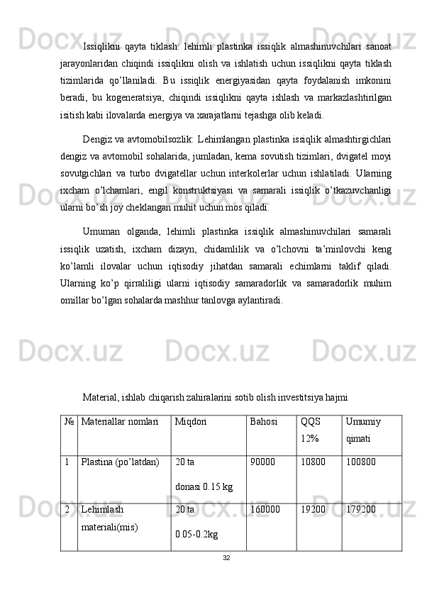 Issiqlikni   qayta   tiklash:   lehimli   plastinka   issiqlik   almashinuvchilari   sanoat
jarayonlaridan   chiqindi   issiqlikni   olish   va   ishlatish   uchun   issiqlikni   qayta   tiklash
tizimlarida   qo’llaniladi.   Bu   issiqlik   energiyasidan   qayta   foydalanish   imkonini
beradi,   bu   kogeneratsiya,   chiqindi   issiqlikni   qayta   ishlash   va   markazlashtirilgan
isitish kabi ilovalarda energiya va xarajatlarni tejashga olib keladi.
Dengiz va avtomobilsozlik: Lehimlangan plastinka issiqlik almashtirgichlari
dengiz va avtomobil sohalarida, jumladan, kema sovutish tizimlari, dvigatel moyi
sovutgichlari   va   turbo   dvigatellar   uchun   interkolerlar   uchun   ishlatiladi.   Ularning
ixcham   o’lchamlari,   engil   konstruktsiyasi   va   samarali   issiqlik   o’tkazuvchanligi
ularni bo’sh joy cheklangan muhit uchun mos qiladi.
Umuman   olganda,   lehimli   plastinka   issiqlik   almashinuvchilari   samarali
issiqlik   uzatish,   ixcham   dizayn,   chidamlilik   va   o’lchovni   ta’minlovchi   keng
ko’lamli   ilovalar   uchun   iqtisodiy   jihatdan   samarali   echimlarni   taklif   qiladi.
Ularning   ko’p   qirraliligi   ularni   iqtisodiy   samaradorlik   va   samaradorlik   muhim
omillar bo’lgan sohalarda mashhur tanlovga aylantiradi.
Material, ishlab chiqarish zahiralarini sotib olish investitsiya hajmi
№ Materiallar nomlari Miqdori Bahosi  QQS 
12% Umumiy 
qimati
1 Plastina (po’latdan) 20 ta
donasi 0.15 kg 90000 10800 100800
2 Lehimlash 
materiali(mis) 20 ta
0.05-0.2kg 160000 19200 179200
32 