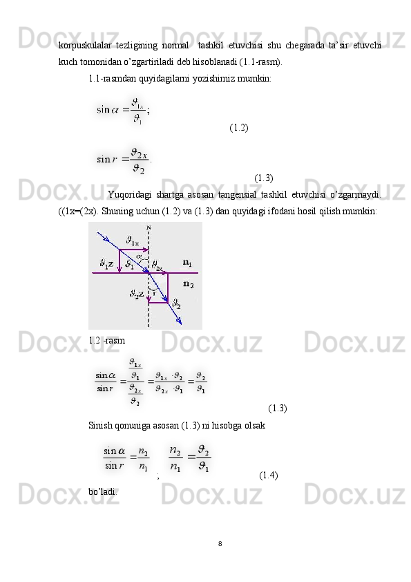 korpuskulalar   tezligining   normal     tashkil   etuvchisi   shu   chegarada   ta’sir   etuvchi
kuch tomonidan o’zgartiriladi deb hisoblanadi (1.1-rasm). 
1.1-rasmdan quyidagilarni yozishimiz mumkin:
  (1.2)
    (1.3)
Yuqoridagi   shartga   asosan   tangensial   tashkil   etuvchisi   o’zgarmaydi.
((1x=(2x). Shuning uchun (1.2) va (1.3) dan quyidagi ifodani hosil qilish mumkin:
1.2 -rasm
                 (1.3)
Sinish qonuniga asosan (1.3) ni hisobga olsak
    ;      (1.4)
bo’ladi.
8.	sin	
2
2

	x	r		
1
2	
1	2	
2	1	
2
2
1
1	
sin
sin	

	
		
		



	
		

			
x
x	
x
x	
r	
1
2	
sin
sin	
n
n	
r	
		
1
2	
1
2	

	
	
n
n      