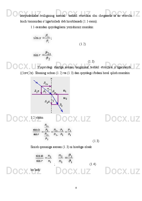 korpuskulalar   tezligining   normal     tashkil   etuvchisi   shu   chegarada   ta’sir   etuvchi
kuch tomonidan o’zgartiriladi deb hisoblanadi (1.1-rasm). 
1.1-rasmdan quyidagilarni yozishimiz mumkin:
  (1.2)
    (1.3)
Yuqoridagi   shartga   asosan   tangensial   tashkil   etuvchisi   o’zgarmaydi.
((1x=(2x). Shuning uchun (1.2) va (1.3) dan quyidagi ifodani hosil qilish mumkin:
1.2 -rasm
                 (1.3)
Sinish qonuniga asosan (1.3) ni hisobga olsak
    ;      (1.4)
bo’ladi.
8.	sin	
2
2
	x	r		
1
2	
1	2	
2	1	
2
2
1
1	
sin
sin	
	
		
		
	
		
			
x
x	
x
x	
r	
1
2	
sin
sin	
n
n	
r	
		
1
2	
1
2	
	
	
n
n
