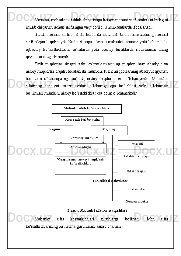 Masalan, mahsulotni ishlab chiqarishga ketgan mehnat sarfi mahsulot birligini
ishlab chiqarish uchun sarflangan vaqt bo lib, ishchi-soatlarda ifodalanadi. ʻ
Bunda   mehnat   sarfini   ishchi-kunlarda   ifodalash   bilan   mahsulotning   mehnat
sarfi o zgarib qolmaydi. Xuddi shunga o xshab mahsulot tannarxi yoki bahosi kabi	
ʻ ʻ
iqtisodiy   ko rsatkichlarni   so mlarda   yoki   boshqa   birliklarda   ifodalanishi   uning	
ʻ ʻ
qiymatini o zgartirmaydi. 
ʻ
Fizik   miqdorlar   singari   sifat   ko rsatkichlarining   miqdori   ham   absolyut   va	
ʻ
nisbiy miqdorlar orqali ifodalanishi mumkin. Fizik miqdorlarning absolyut qiymati
har   doim   o lchamga   ega   bo ladi,   nisbiy   miqdorlar   esa   o lchamsizdir.   Mahsulot	
ʻ ʻ ʻ
sifatining   absolyut   ko rsatkichlari   o lchamga   ega   bo lishlari   yoki   o lchamsiz	
ʻ ʻ ʻ ʻ
bo lishlari mumkin, nisbiy ko rsatkichlar esa doim o lchamsizdir.	
ʻ ʻ ʻ
2-rasm. Mahsulot sifat ko’rsatgichlari
   
Mahsulot   sifat   ko'rsatkichlari   guruhlarga   bo'linadi.   Men   sifat
ko'rsatkichlarining bir nechta guruhlarini sanab o'taman: 