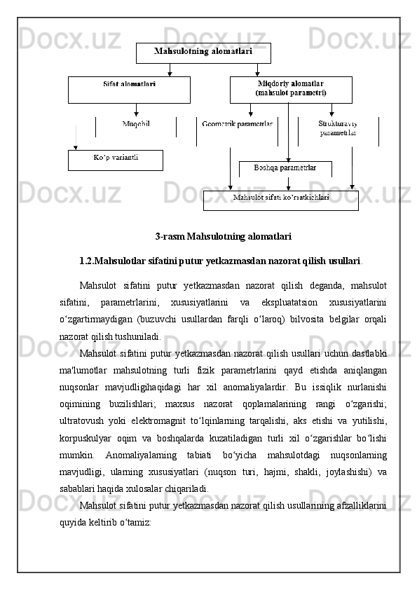 3-rasm Mahsulotning alomatlari
1.2.Mahsulotlar sifatini putur yetkazmasdan nazorat qilish usullari .
Mahsulot   sifatini   putur   yetkazmasdan   nazorat   qilish   deganda,   mahsulot
sifatini,   parametrlarini,   xususiyatlarini   va   ekspluatatsion   xususiyatlarini
o zgartirmaydigan   (buzuvchi   usullardan   farqli   o laroq)   bilvosita   belgilar   orqaliʻ ʻ
nazorat qilish tushuniladi. 
Mahsulot  sifatini   putur   yetkazmasdan  nazorat   qilish  usullari  uchun  dastlabki
ma'lumotlar   mahsulotning   turli   fizik   parametrlarini   qayd   etishda   aniqlangan
nuqsonlar   mavjudligihaqidagi   har   xil   anomaliyalardir.   Bu   issiqlik   nurlanishi
oqimining   buzilishlari;   maxsus   nazorat   qoplamalarining   rangi   o zgarishi;	
ʻ
ultratovush   yoki   elektromagnit   to lqinlarning   tarqalishi,   aks   etishi   va   yutilishi,	
ʻ
korpuskulyar   oqim   va   boshqalarda   kuzatiladigan   turli   xil   o zgarishlar   bo lishi	
ʻ ʻ
mumkin.   Anomaliyalarning   tabiati   bo yicha   mahsulotdagi   nuqsonlarning	
ʻ
mavjudligi,   ularning   xususiyatlari   (nuqson   turi,   hajmi,   shakli,   joylashishi)   va
sabablari haqida xulosalar chiqariladi. 
Mahsulot sifatini putur yetkazmasdan nazorat qilish usullarining afzalliklarini
quyida keltirib o tamiz: 	
ʻ