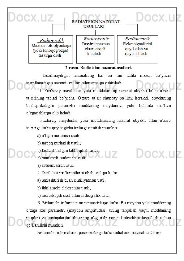 7-rasm. Radiatsion nazorat usullari.
    Buzilmaydigan   nazoratning   har   bir   turi   uchta   mezon   bo yichaʻ
tasniflanadigan nazorat usullari bilan amalga oshiriladi. 
    1.   Fizikaviy   maydonlar   yoki   moddalarning   nazorat   obyekti   bilan   o zaro
ʻ
ta’sirining   tabiati   bo yicha	
ʻ .   O zaro   ta‘sir   shunday   bo lishi   kerakki,   obyektning	ʻ ʻ
boshqariladigan   parametri   moddaning   maydonida   yoki   holatida   ma‘lum
o zgarishlarga olib keladi. 	
ʻ
    Fizikaviy   maydonlar   yoki   moddalarning   nazorat   obyekti   bilan   o zaro	
ʻ
ta‘siriga ko ra quyidagicha turlarga ajratish mumkin: 	
ʻ
  a) o tgan nurlanish usuli; 
ʻ
  b) tarqoq nurlanish usuli; 
  c) faollashtirilgan tahlil qilish usuli; 
  d) xarakterli nurlanish usuli; 
  e) avtoemission usul. 
  2. Dastlabki ma’lumotlarni olish usuliga ko ra: 	
ʻ
  a) ionlashtirish bilan sintillyatsion usul; 
  b) ikkilamchi elektronlar usuli; 
  c) radioskopik usul bilan radiografik usul. 
   3. Birlamchi informatsion parametrlarga ko'ra .   Bu maydon yoki moddaning
o ziga   xos   parametri   (maydon   amplitudasi,   uning   tarqalish   vaqti,   moddaning	
ʻ
miqdori   va   boshqalar)bo lib,   uning   o'zgarishi   nazorat   obyektini   tavsiflash   uchun	
ʻ
qo llanilishi mumkin. 	
ʻ
  Birlamchi informatsion parametrlarga ko'ra radiatsion nazorat usullarini