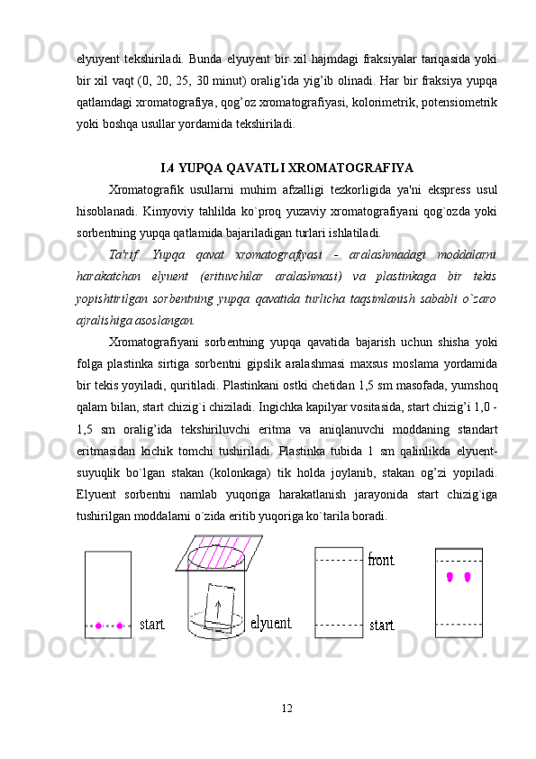 elyuyent   tekshiriladi.   Bunda   elyuyent   bir   xil   hajmdagi   fraksiyalar   tariqasida   yoki
bir xil vaqt (0, 20, 25, 30 minut) oralig’ida yig’ib olinadi. Har bir fraksiya yupqa
qatlamdagi xromatografiya, qog’oz xromatografiyasi, kolorimetrik, potensiometrik
yoki boshqa usullar yordamida tekshiriladi.
I.4 YUPQA QAVATLI XROMATOGRAFIYA
Xromatografik   usullarni   muhim   afzalligi   t е zkorligida   ya'ni   ekspr е ss   usul
hisoblanadi.   Kimyoviy   tahlilda   ko`proq   yuzaviy   xromatografiyani   qog`ozda   yoki
sorb е ntning yupqa qatlamida bajariladigan turlari ishlatiladi.
Ta'rif:   Yupqa   qavat   xromatografiyasi   -   aralashmadagi   moddalarni
harakatchan   elyu е nt   (erituvchilar   aralashmasi)   va   plastinkaga   bir   t е kis
yopishtirilgan   sorb е ntning   yupqa   qavatida   turlicha   taqsimlanish   sababli   o`zaro
ajralishiga asoslangan.
Xromatografiyani   sorb е ntning   yupqa   qavatida   bajarish   uchun   shisha   yoki
folga   plastinka   sirtiga   sorb е ntni   gipslik   aralashmasi   maxsus   moslama   yordamida
bir t е kis yoyiladi, quritiladi. Plastinkani ostki ch е tidan 1,5 sm masofada, yumshoq
qalam bilan, start chizig`i chiziladi. Ingichka kapilyar vositasida, start chizig’i 1,0 -
1,5   sm   oralig’ida   t е kshiriluvchi   eritma   va   aniqlanuvchi   moddaning   standart
eritmasidan   kichik   tomchi   tushiriladi.   Plastinka   tubida   1   sm   qalinlikda   elyu е nt-
suyuqlik   bo`lgan   stakan   (kolonkaga)   tik   holda   joylanib,   stakan   og’zi   yopiladi.
Elyu е nt   sorb е ntni   namlab   yuqoriga   harakatlanish   jarayonida   start   chizig`iga
tushirilgan moddalarni o`zida eritib yuqoriga ko`tarila boradi.
12 