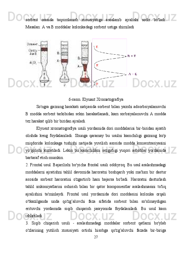 sorbent   orasida   taqsimlanish   xususiyatiga   asoslanib   ajralishi   sodir   bo'ladi.
Masalan: A va B moddalar kolonkadagi sorbent ustiga shimiladi
6-rasm. Elyuant Xromatografiya
So'ngra gazning harakati natijasida sorbent  bilan yaxshi adsorbsiyalanuvchi
B   modda   sorbent   tarkibidan   sekin   harakatlanadi,   kam   sorbsiyalanuvchi   A   modda
tez harakat qilib bir biridan ajraladi.
Elyuent xromatografiya usuli yordamida dori moddalarini bir-biridan ajratib
olishda   keng   foydalaniladi.   Shunga   qaramay   bu   usulni   kamchiligi   gazning   ko'p
miqdorida   kolonkaga   tushishi   natijada   yuvilish   asosida   modda   konsentrasiyasini
yo'qolishi   kuzatiladi.   Lekin   bu   kamchilikni   sezgirligi   yuqori   asboblar   yordamida
bartaraf etish mumkin.
2. Frontal usul. Bajarilishi bo'yicha frontal usuli oddiyroq. Bu usul aralashmadagi
moddalarni   ajratishni   tahlil   davomida   haroratni   boshqarib   yoki   ma'lum   bir   dastur
asosida   sorbent   haroratini   o'zgartirib   ham   bajarsa   bo'ladi.   Haroratni   dasturlash
tahlil   imkoniyatlarini   oshirish   bilan   bir   qator   komponentlar   aralashmasini   to'liq
ajralishini   ta'minlaydi.   Frontal   usul   yordamida   dori   moddasini   kolonka   orqali
o'tkazilganda   unda   qo'zg’aluvchi   faza   sifatida   sorbent   bilan   so'rilmaydigan
erituvchi   yordamida   siqib   chiqarish   jarayonida   foydalaniladi.   Bu   usul   kam
ishlatiladi.
3.   Siqib   chiqarish   usuli   -   aralashmadagi   moddalar   sorbent   qatlami   bo'ylab
o'zlarining   yutilish   xususiyati   ortishi   hisobga   qo'zg’aluvchi   fazada   bir-biriga
27 