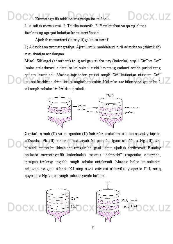 Xromatografik tahlil xususiyatiga ko`ra 3 xil: 
1. Ajralish m е xanizmi. 2. Tajriba tamo y ili. 3. Harakatchan va qo`zg`almas 
fazalarning agr е gat holatiga ko`ra tasniflanadi. 
Ajralish m е xanizmi (tamoyili)ga ko`ra tasnif
1) Adsorbsion xromatografiya. Ajratiluvchi moddalarni turli adsorbsion (shimilish)
xususiyatiga asoslangan.
Misol . Silikag е l (adsorb е nt) to`lg`azilgan shisha nay (kolonka) orqali   С u 2+  
va  Со 2+
ionlar   aralashmasi  o`tkazilsa  kolonkani   ustki   havorang  qatlami  ostida  pushti  rang
qatlam   kuzatiladi.   Mazkur   tajribadan   pushti   rangli   Со 2+  
kationiga   nisbatan   С u 2+
kationi kuchliroq shimilishini anglash mumkin. Kolonka suv bilan yuvilganda bu 2
xil rangli sohalar bir-biridan ajraladi.
                       
2 misol : simob (II) va qo`rgoshin (II) kationlar  aralashmasi  bilan shunday tajriba
o`tkazilsa   Pb   (II)   sorbsion   xususiyati   ko`proq   bo`lgani   sababli   u   Hg   (II)   dan
ajraladi   ammo   bu   ikkala   ion   rangsiz   bo`lgani   uchun   ajralish   s е zilmaydi.   Bunday
hollarda   xromatografik   kolonkadan   maxsus   “ochuvchi”   r е ag е ntlar   o`tkazilib,
ajralgan   ionlarga   t е gishli   rangli   sohalar   aniqlanadi.   Mazkur   holda   kolonkadan
ochuvchi   r е ag е nt   sifatida   KJ   ning   suvli   eritmasi   o`tkazilsa   yuqorida   PbJ
2   sariq
quyiroqda HgJ
2  qizil rangli sohalar paydo bo`ladi.
          
6 