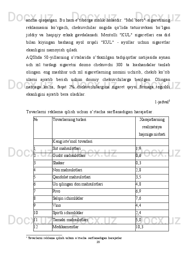 ancha   qisqargan.   Bu   ham   e’t iborga   molik   holatdir.   "Mal’boro"   si gareti ni ng
reklamasini   ko’rgach,   chekuvchi lar   ongida   qo’lida   tatuirovkasi   bo’lgan
jiddiy   va   haqiqiy   erkak   gavdalanadi.   Mentolli   "KUL"   si garetl ar i   esa   did
bilan   kiyingan   bashang   ayol   orqali   "KUL"   -   ayollar   uchun   si garetl ar
ekanligini   namoyish   qiladi.
AQShda   50- yi ll arning   o’rtalarida   o’tkazilgan   tadqiqotlar   natijasida   aynan
uch   xil   turdagi   sigaretni   doimo   chekuvchi   300   ta   kashandalar   tanlab
olingan.   eng   mashhur   uch   xil   sigaretlarning   nomini   uchirib,   chekib   ko’rib
ularni   ajratib   berish   uchun   doimiy   chekuvchil ar ga   berilgan.   Olingan
natijaga   ko’ra,   faqat   2%   chekuvchil ar gi na   sigaret   qaysi   firmaga   tegishli
ekanligini   ajratib   bera   oladilar.  
1-jadval 2
Tovarlarni   reklama   qilish   uchun   o’rtacha   sarf lanadi gan   harajatlar.  
№ Tovarlarning   turlari Xarajatlarning
realizatsiya
hajmiga   nisbati
Keng   iste’mol   tovarlari
1 Sut   mahsulotlari 1,9
2 Gusht   mahsulotlari 0,6
3 Shakar 0,3
4 Non   mahsulotlari 2,8
5 Qandolat   mahsulotlari 3,5
6 Un   qilingan   don   mahsulotlari 4,8
7 Pivo 6,9
8 Salqin   ichimliklar 7,6
9 Vino 4,4
10 Spirtli   ichimliklar 2,4
11 Tamaki   mahsulotlari 5,0
12 Medikamentlar 10,3
2
  T o v a r l a r n i   re kl am a   q i l i s h   uc hu n   o ` r t a c h a   s a r f l a n a d i g a n   h a r a j a t l a r
20 