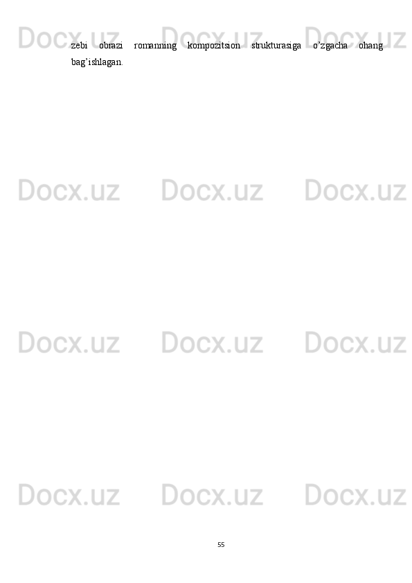 zebi   obrazi   romanning   kompozitsion   strukturasiga   o’zgacha   ohang
bag’ishlagan.
55 