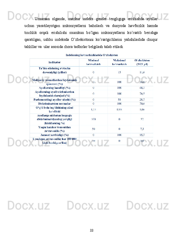 Umuman   olganda,   mazkur   indeks   gender   tengligiga   erishishda   ayollar
uchun   yaratilayotgan   imkoniyatlarni   baholash   va   dunyoda   havfsizlik   hamda
tinchlik   orqali   erishilishi   mumkun   b о ’lgan   imkoniyatlarni   k о ’rsatib   berishga
qaratilgan,   ushbu   indeksda   О ’zbekistonni   k о ’rsatgichlarini   yahshilashda   chuqur
tahlillar va  ular asosida chora tadbirlar belgilash talab etiladi.
33 